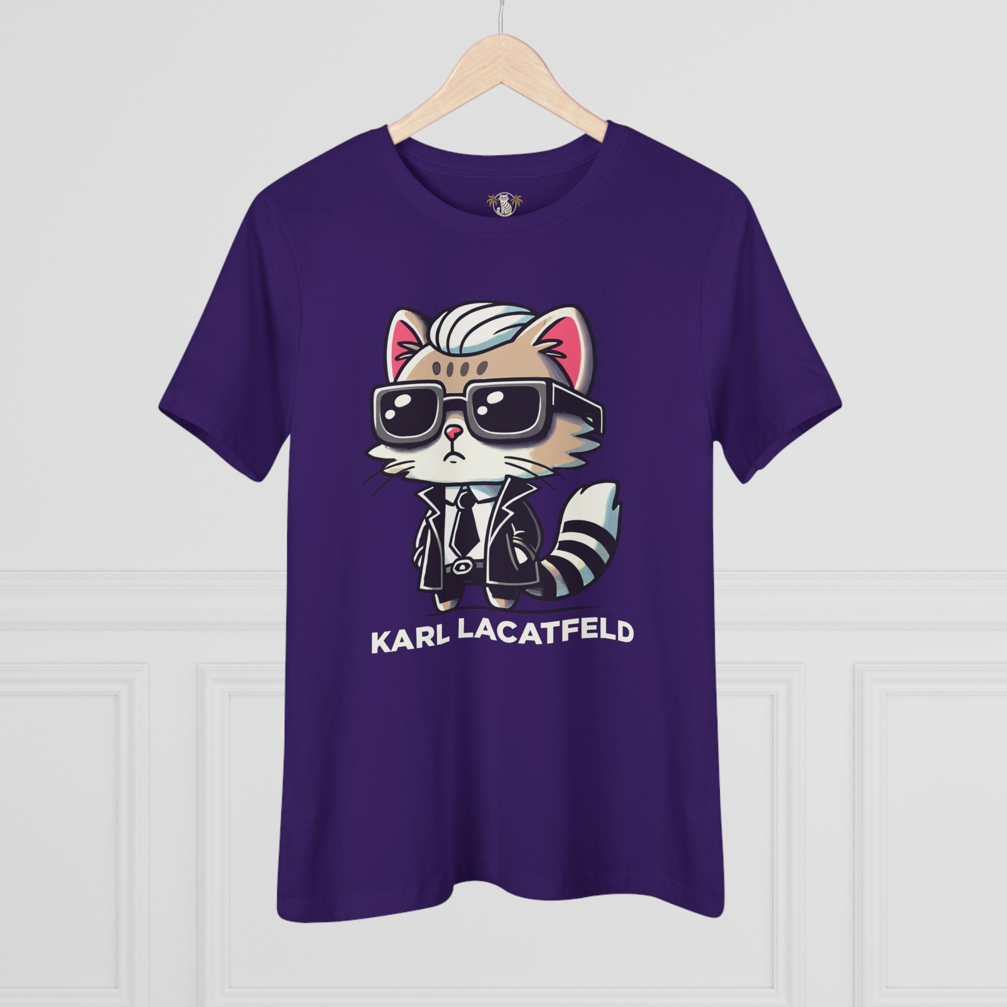 Hanging Karl Lacatfeld Iconic Cat Women’s Purple T Shirt front view