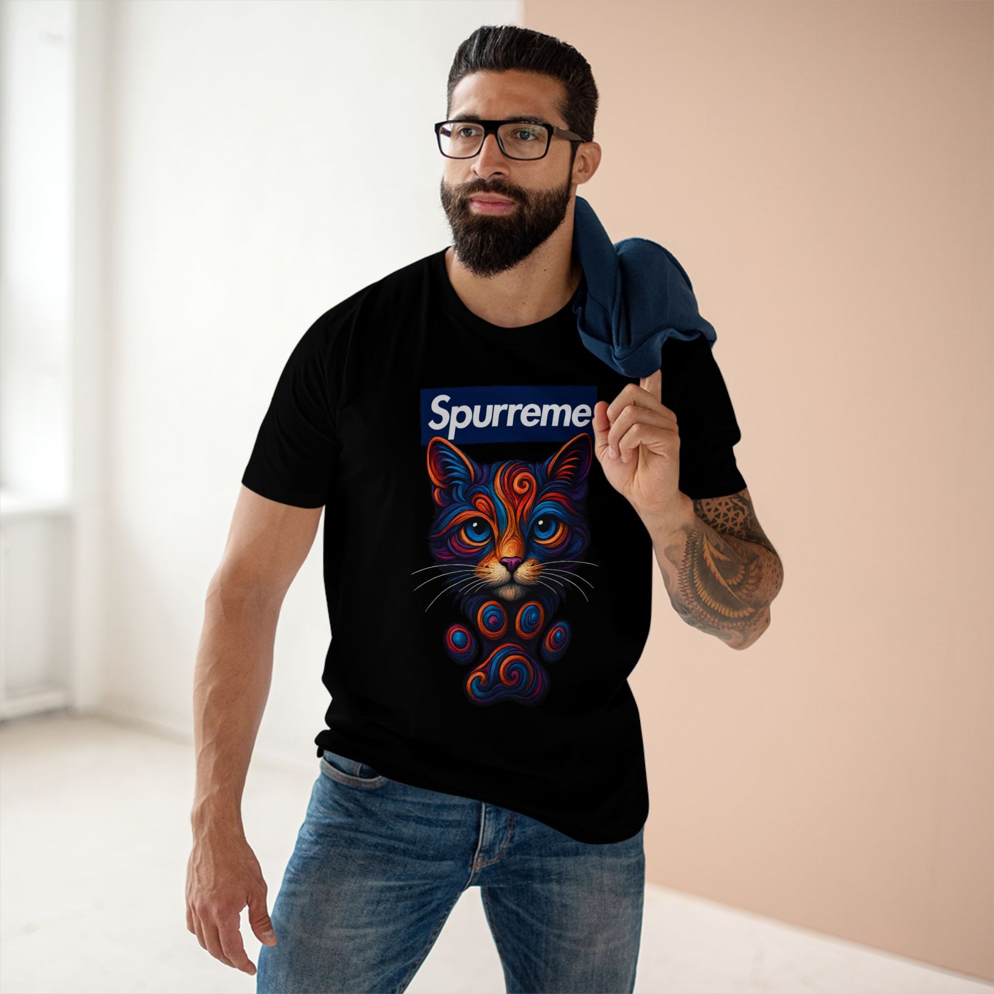 Man wearing Black Spurreme Cosmic Pawtrait Cat Graphic t shirt – cat lover t shirts