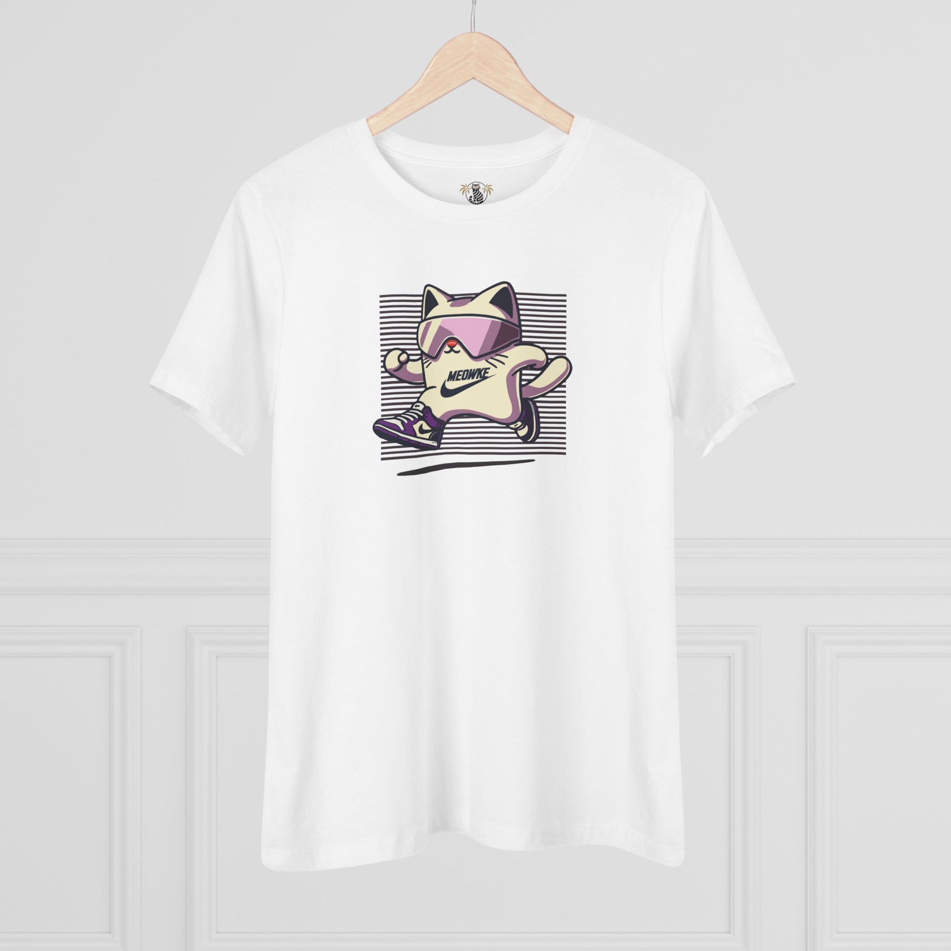 White cat runner t shirt on hanger, cute cat shirts for women