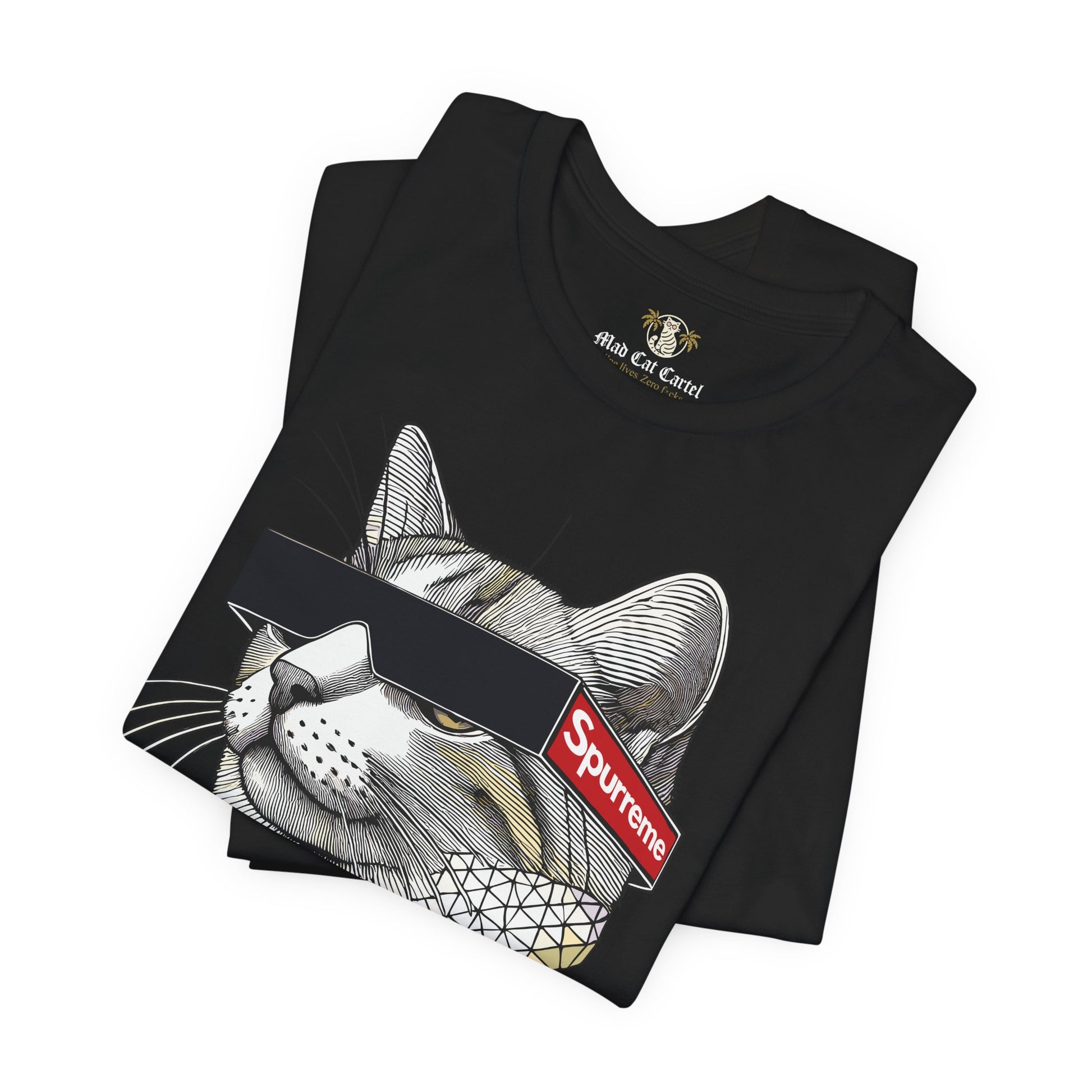 Black Spurreme Triangular Vision Cat Graphic T-Shirt folded flat – ladies cat t shirt