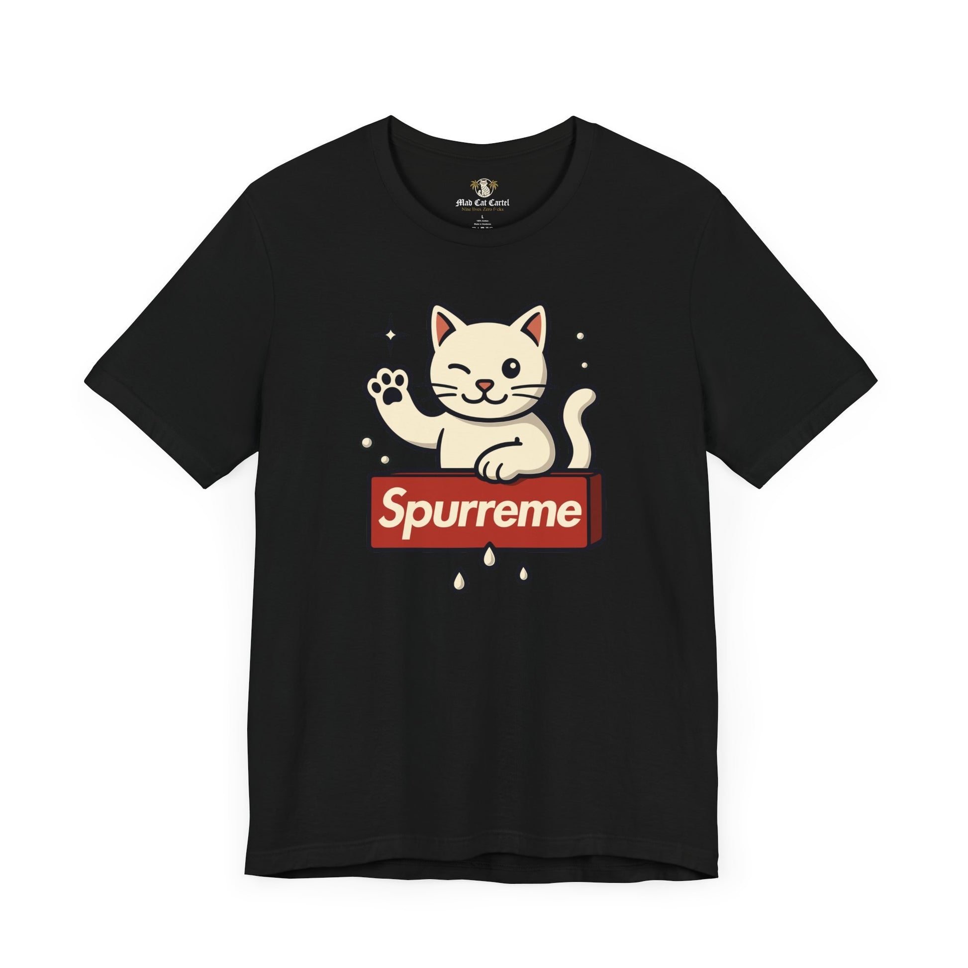 Black t shirt front flat lay cat themed clothing