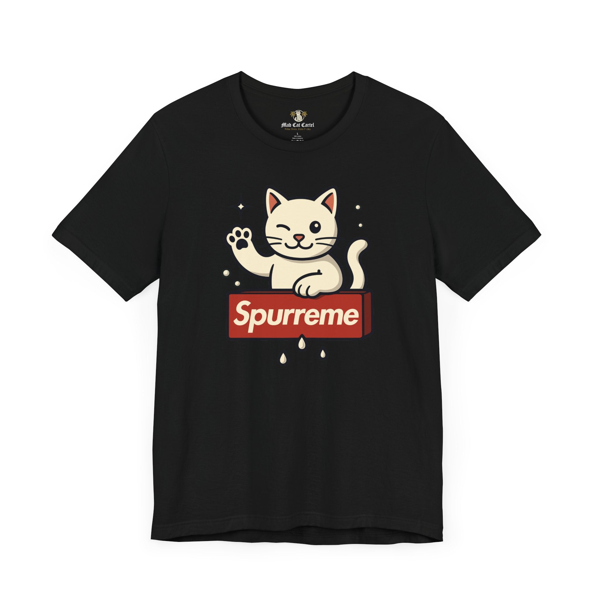 Black t shirt front flat lay cat themed clothing