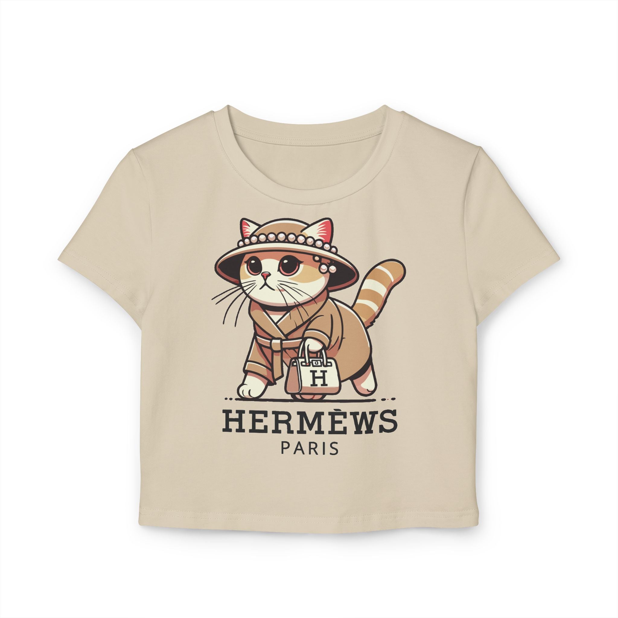 Hermèws Paris Chic Cat Graphic Women’s Sand Baby Tee flat lay front view