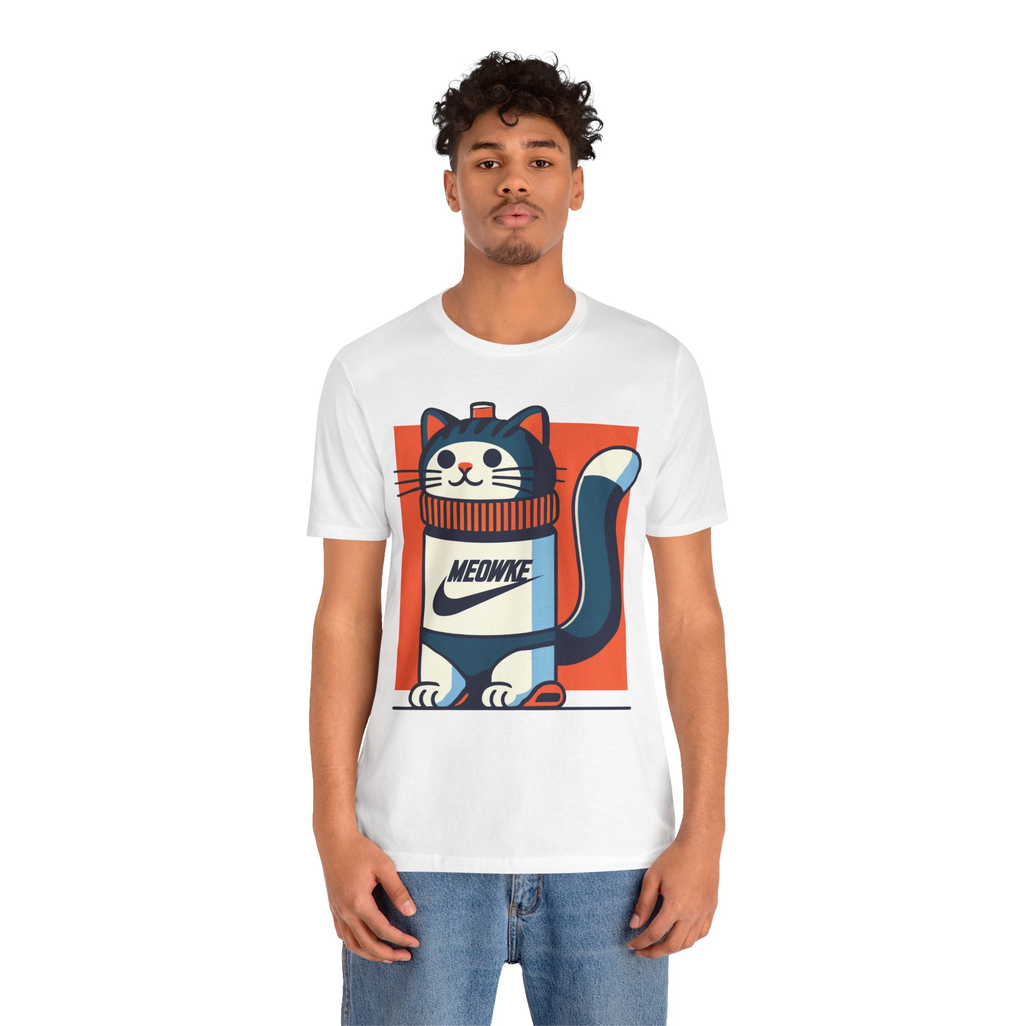 Things to get cat lovers – white unisex tee worn by male model, Meowke Swoosh cartoon cat holding bottle