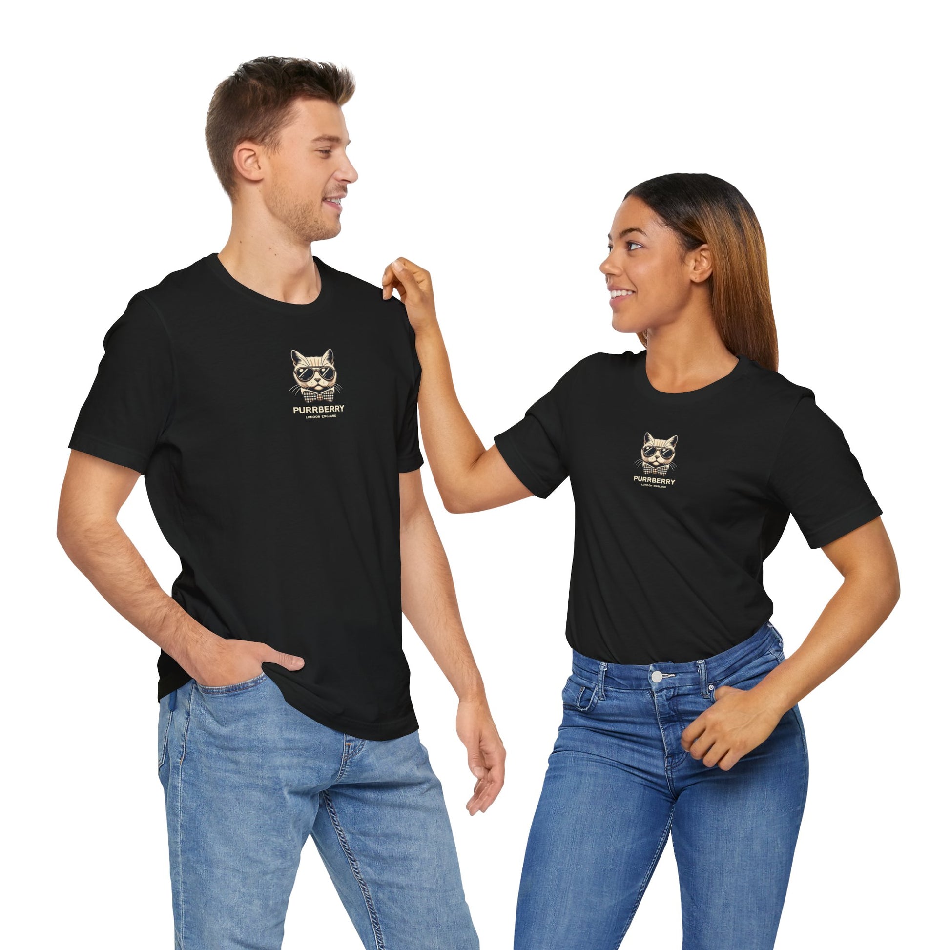 couple wearing purrberry london mini crest cat graphic t shirts black unisex cat lover t shirts