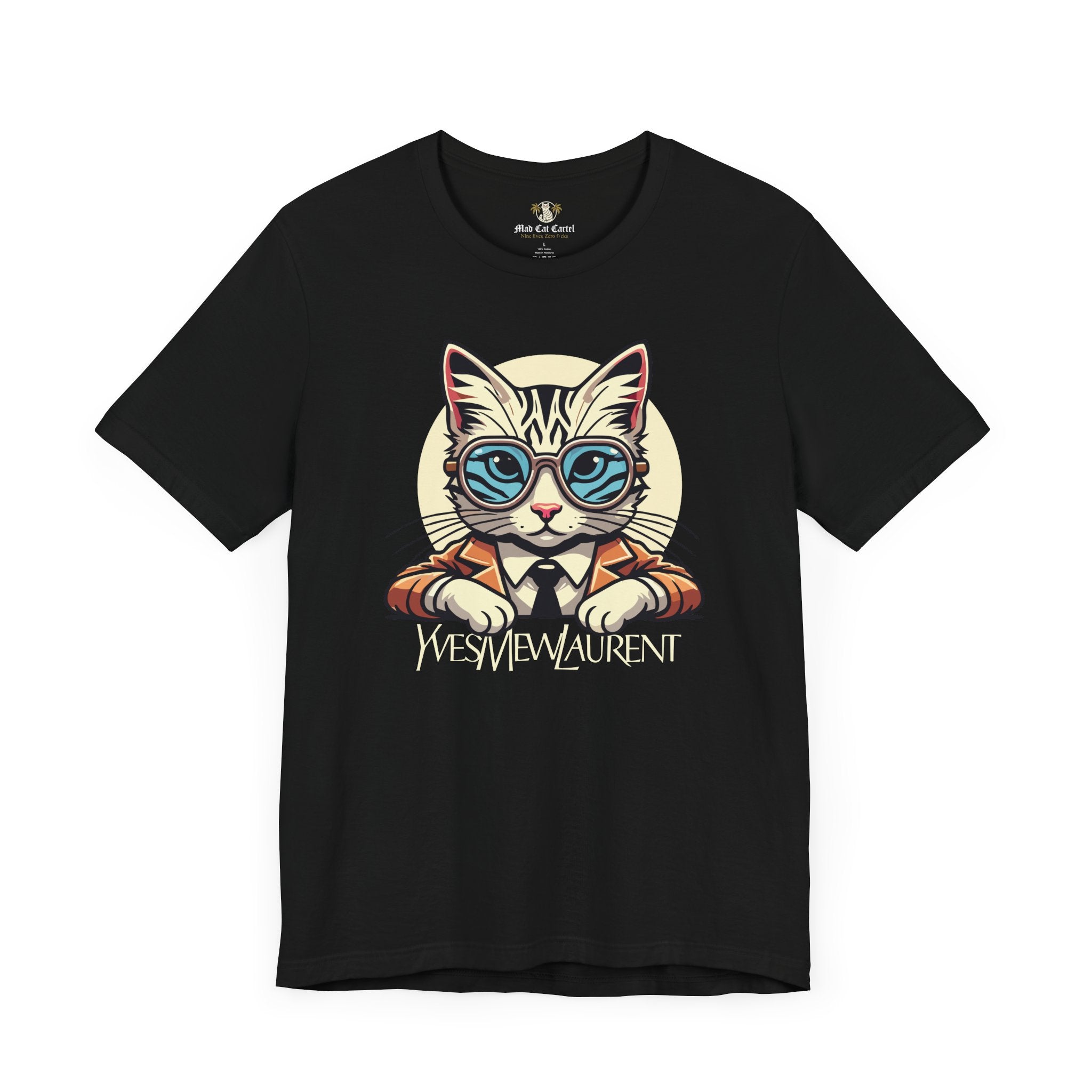 Yves Mew Laurent Cat Boss Tiger Pattern Graphic T Shirt Black - Cat clothes for humans