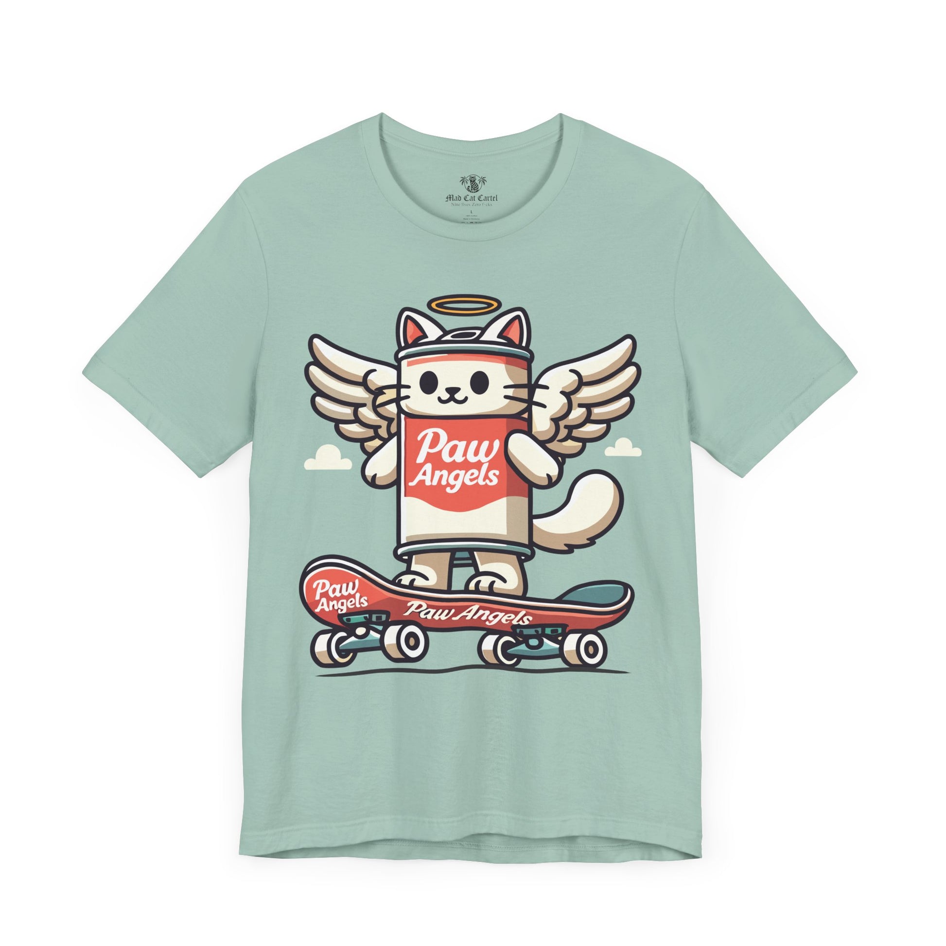 Dusty Blue Paw Angels skate t shirt front – cool cat shirts