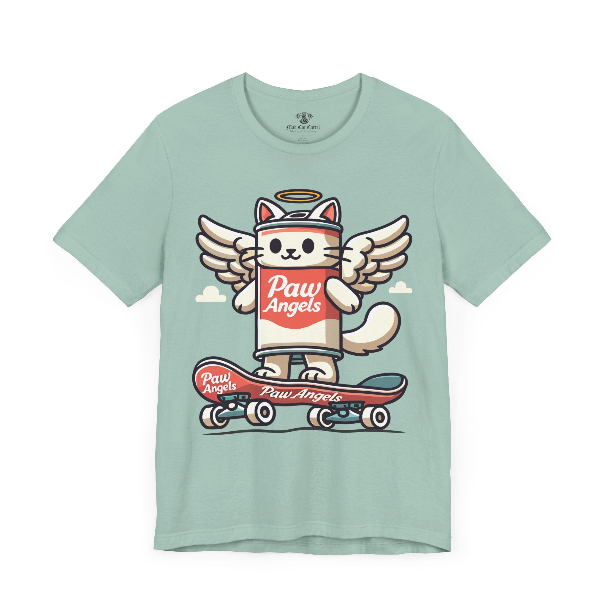 Dusty Blue Paw Angels skate t shirt front – cool cat shirts
