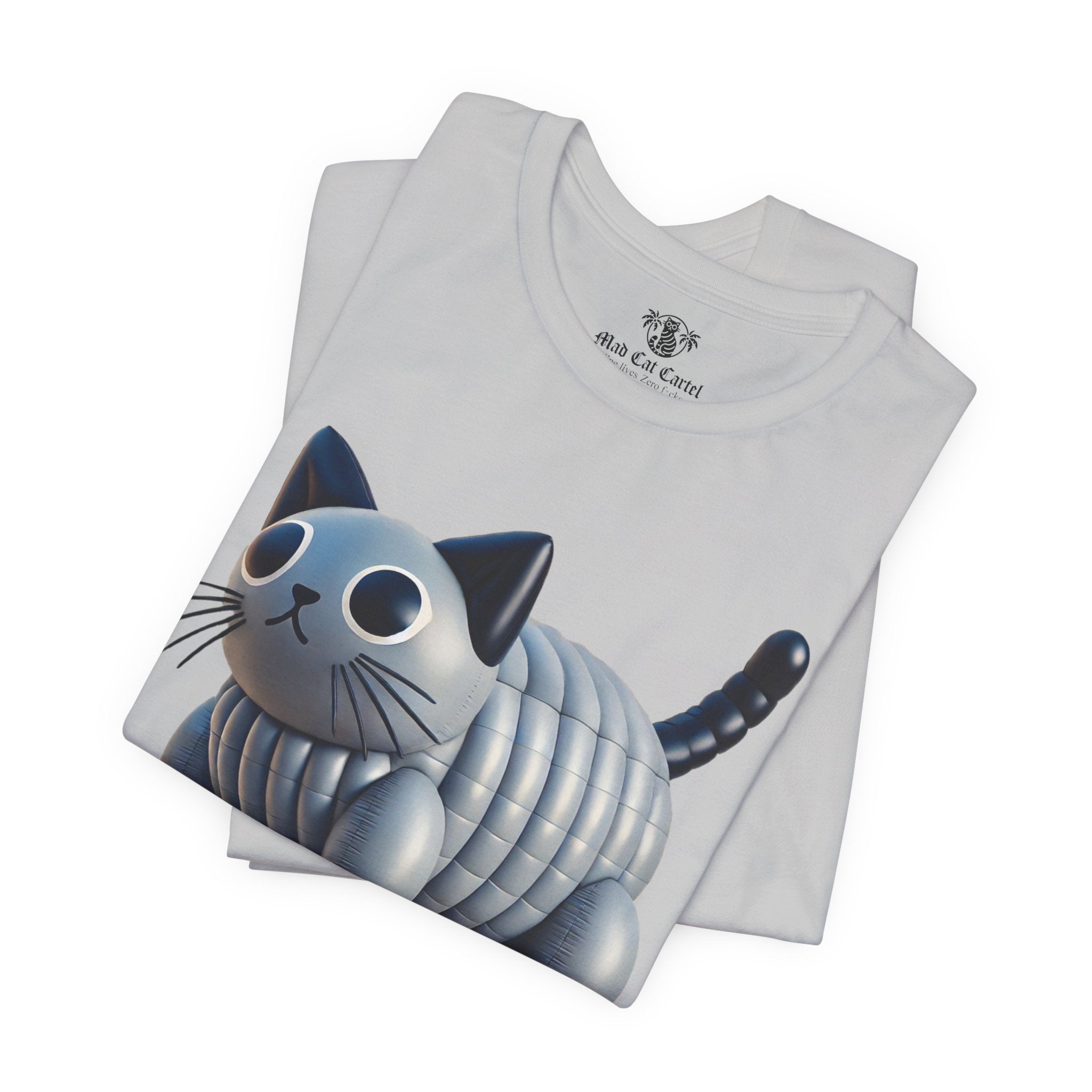 Folded Pawlenciaga Cat Balloon Graphic Gray t shirt with cute cat design, cat on a shirt