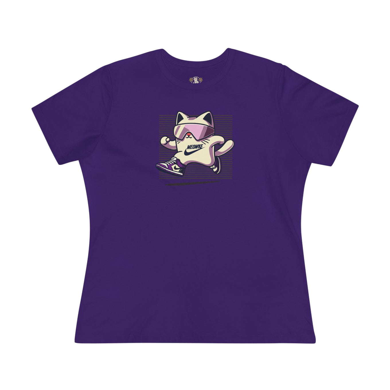 Meowke Cat Runner Graphic Women's T-Shirt, cat tee shirts womens, purple front view