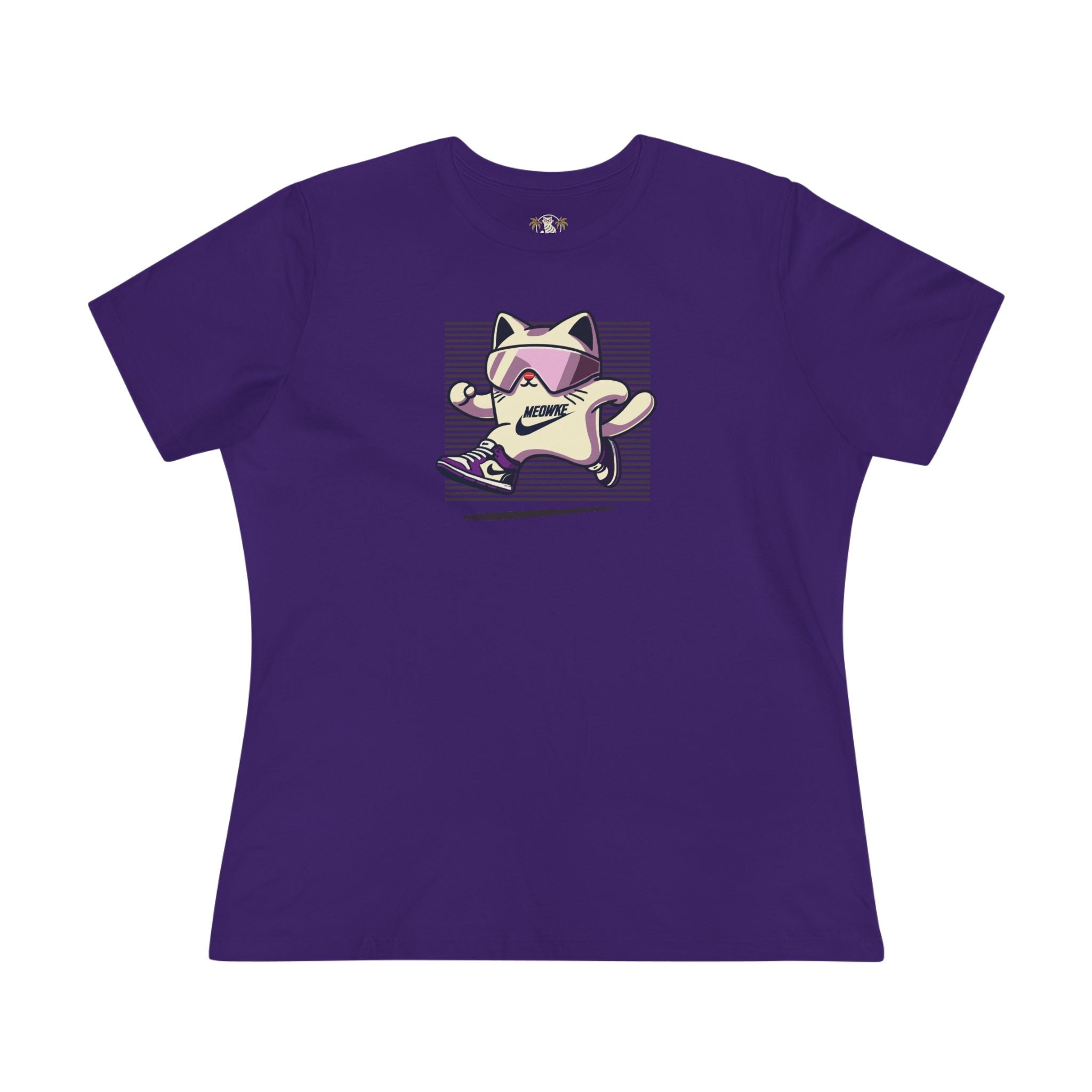 Meowke Cat Runner Graphic Women's T-Shirt, cat tee shirts womens, purple front view