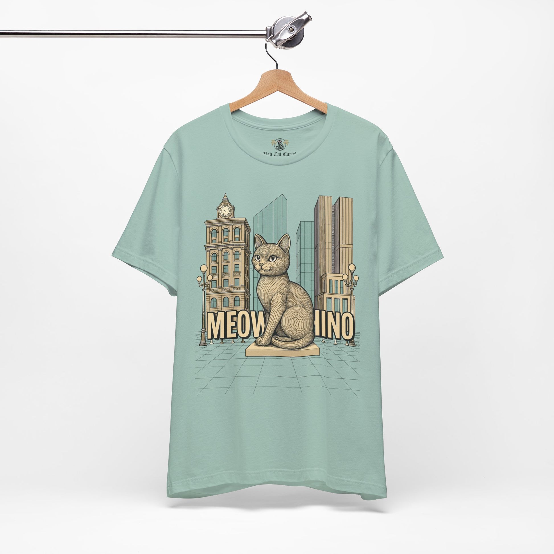 Mens cat shirts – deep teal unisex tee on hanger, front view, Meowschino city cat statue graphic