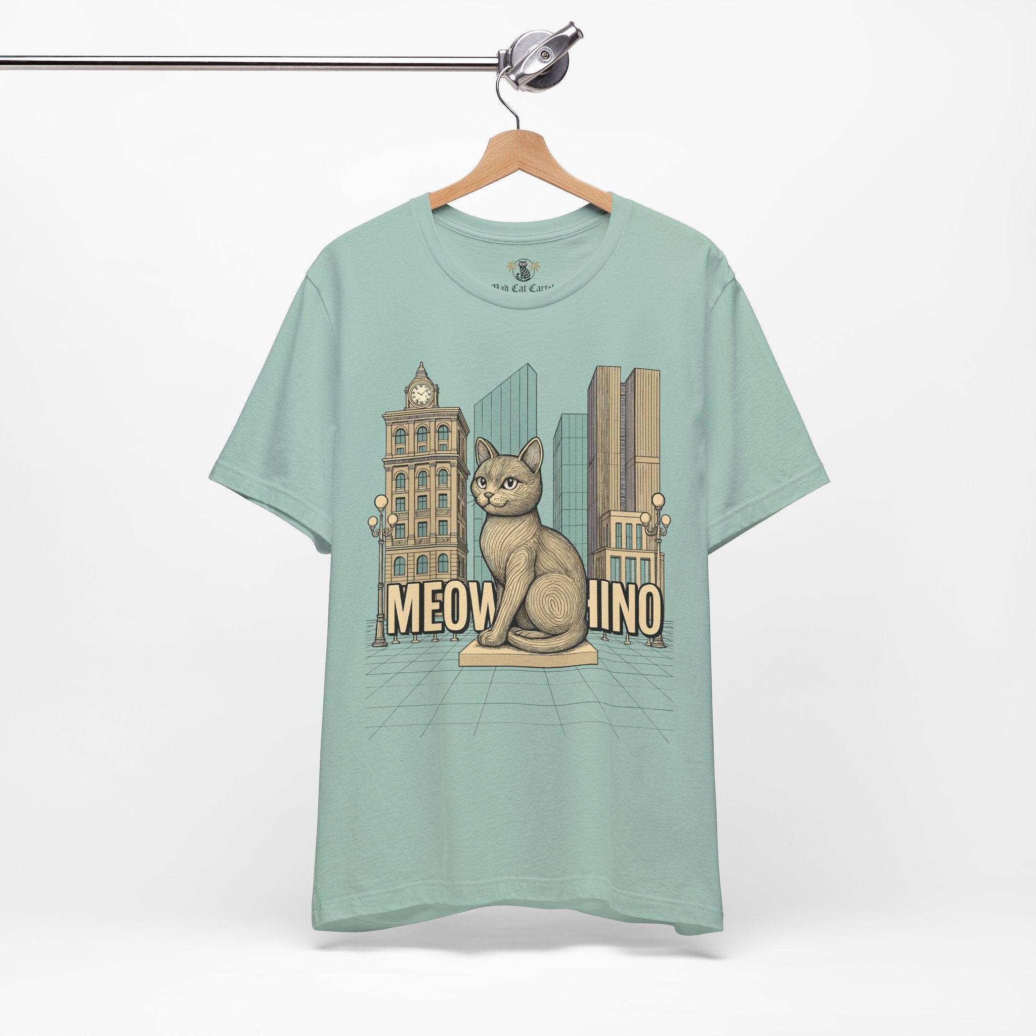 Mens cat shirts – deep teal unisex tee on hanger, front view, Meowschino city cat statue graphic