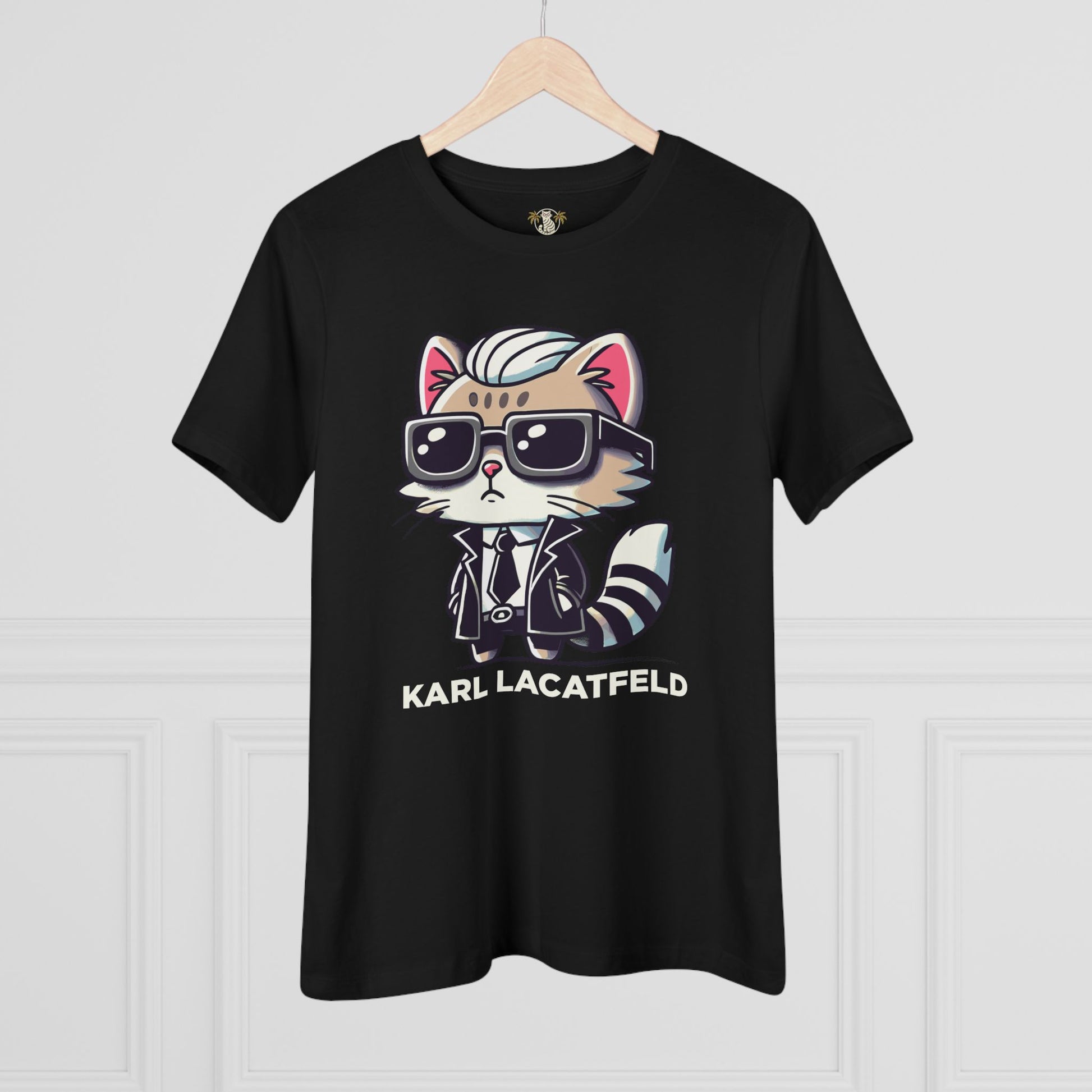 Hanging Karl Lacatfeld Cat On A Shirt in Black front view