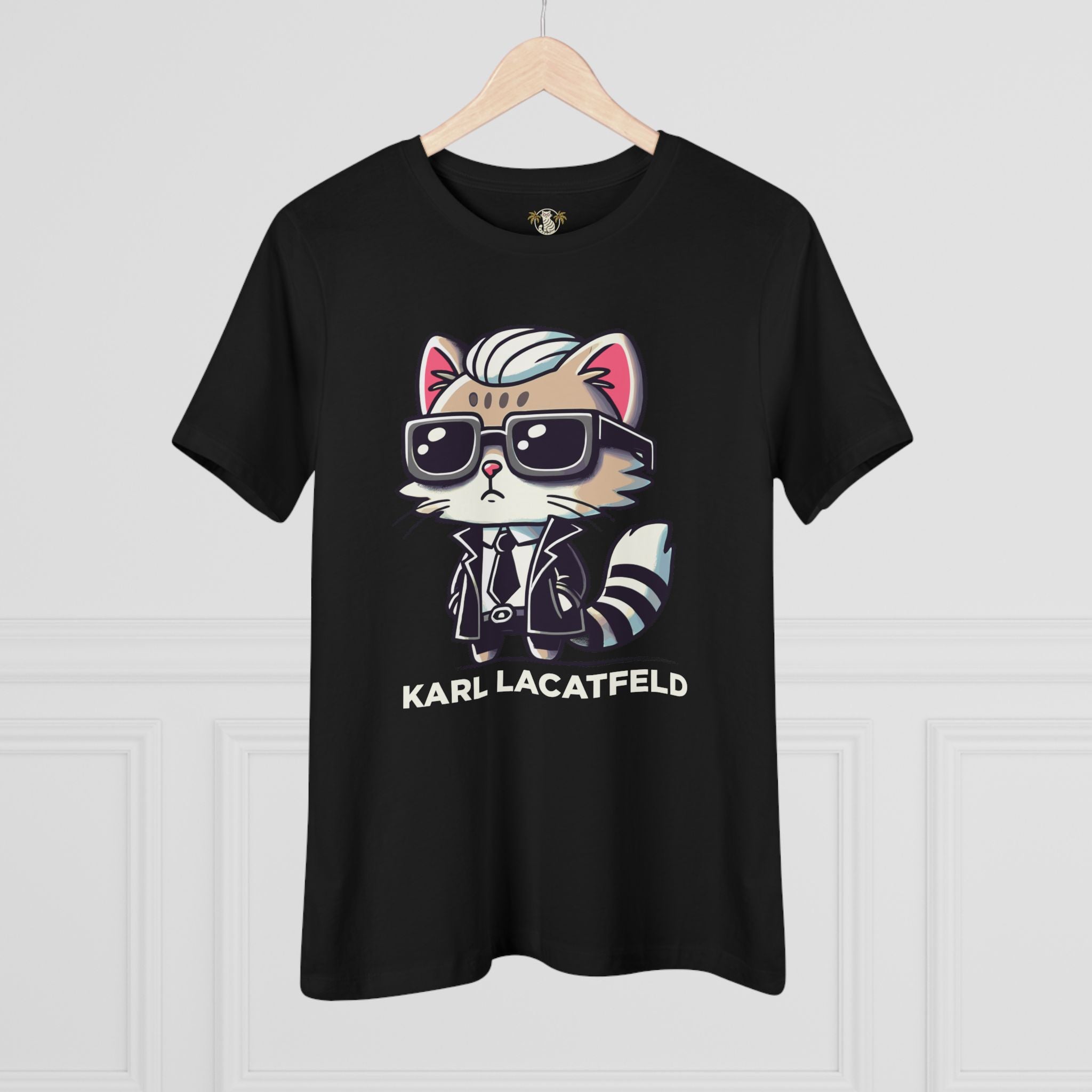 Hanging Karl Lacatfeld Cat On A Shirt in Black front view