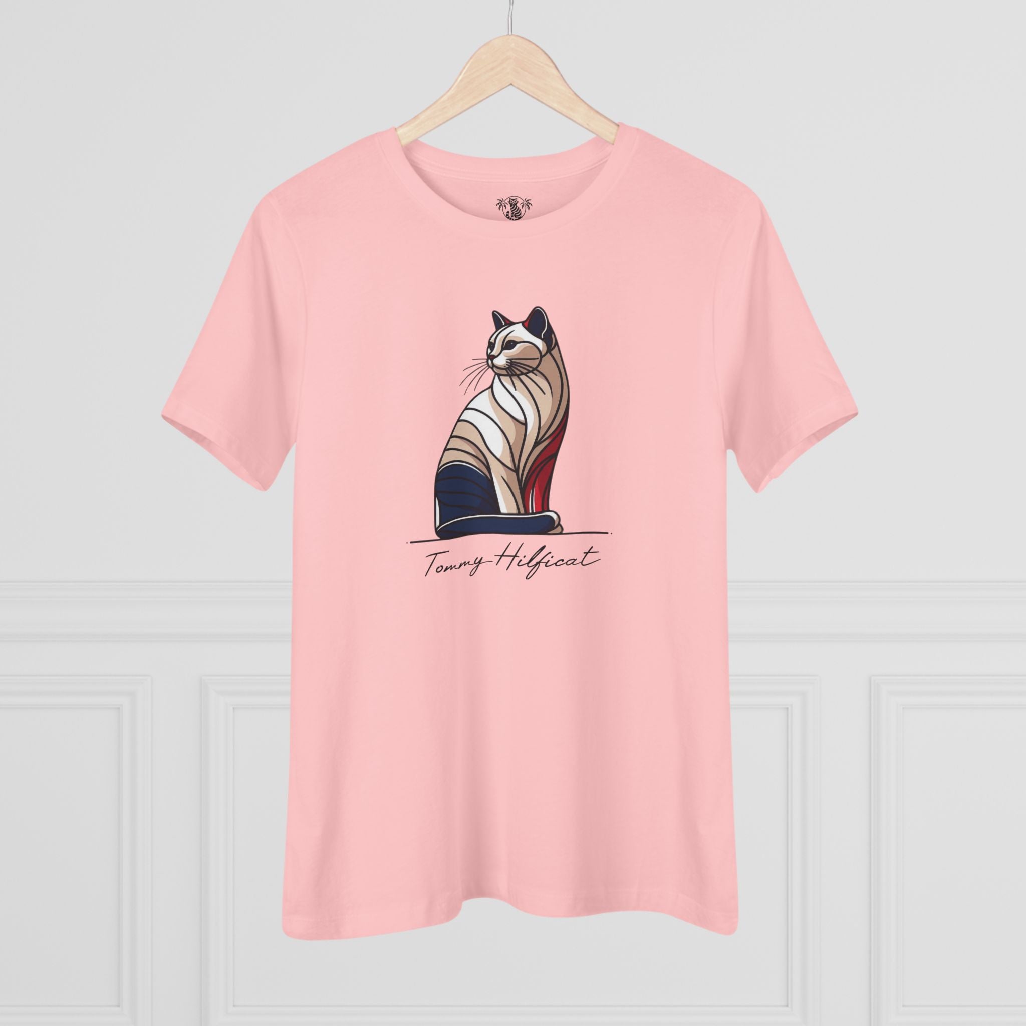 Tommy Hilficat Sitting Icon T Shirt on hanger in Pink, cat themed clothing