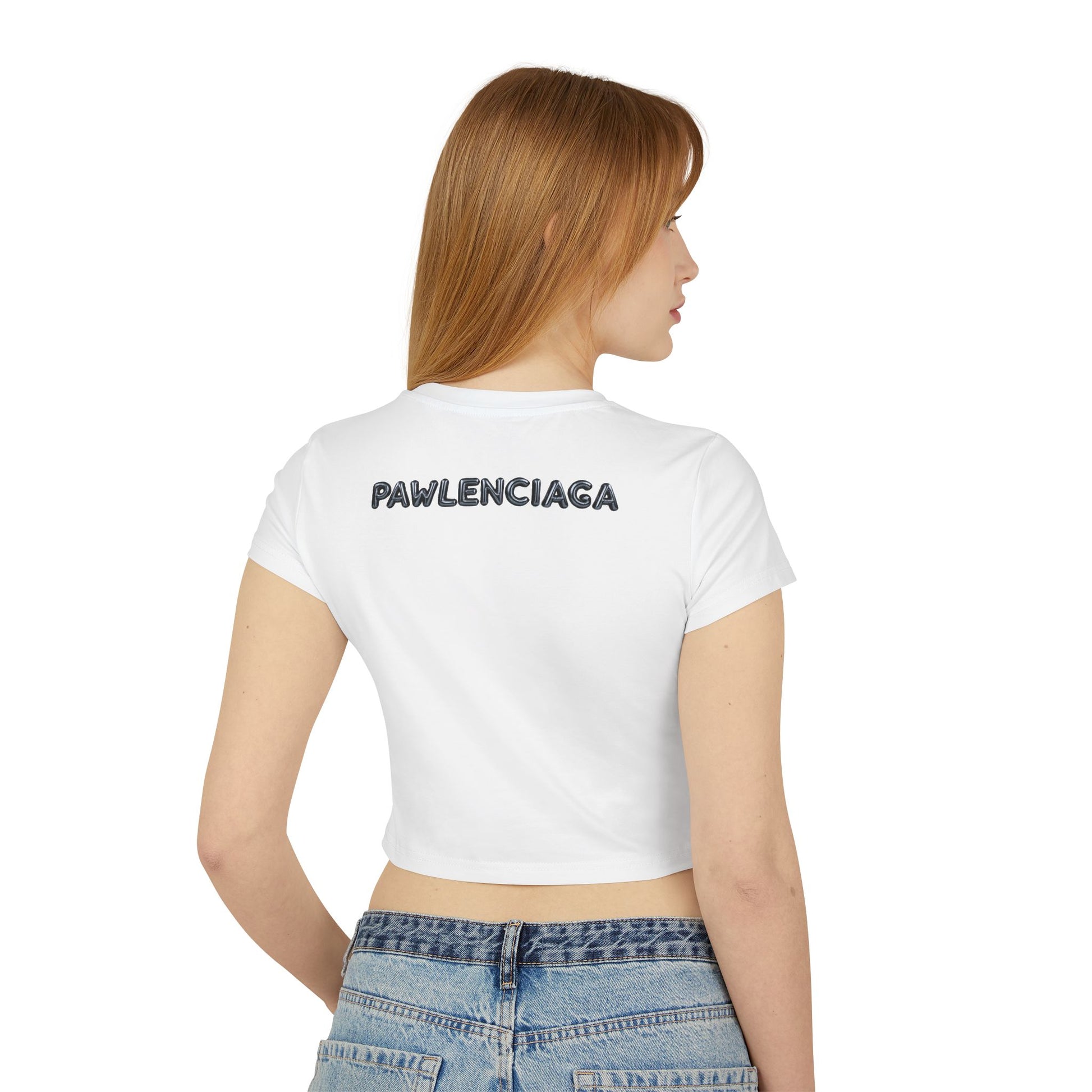 Back view of model wearing Pawlenciaga Cat Balloon Graphic Women's Baby Tee White, cat themed crop top