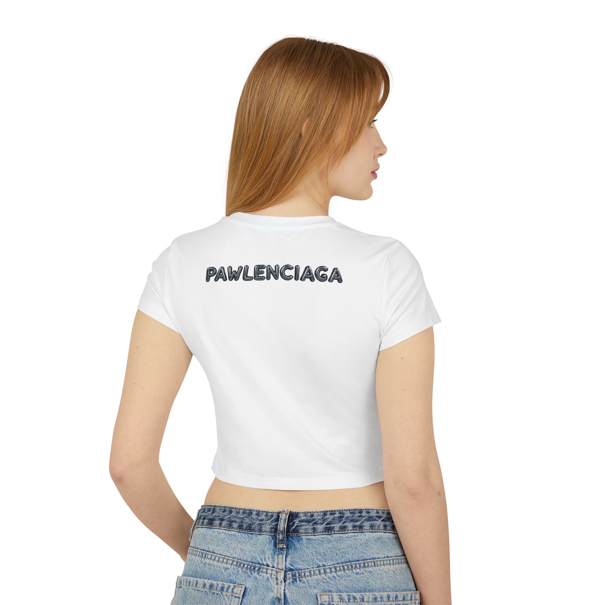 Back view of model wearing Pawlenciaga Cat Balloon Graphic Women's Baby Tee White, cat themed crop top