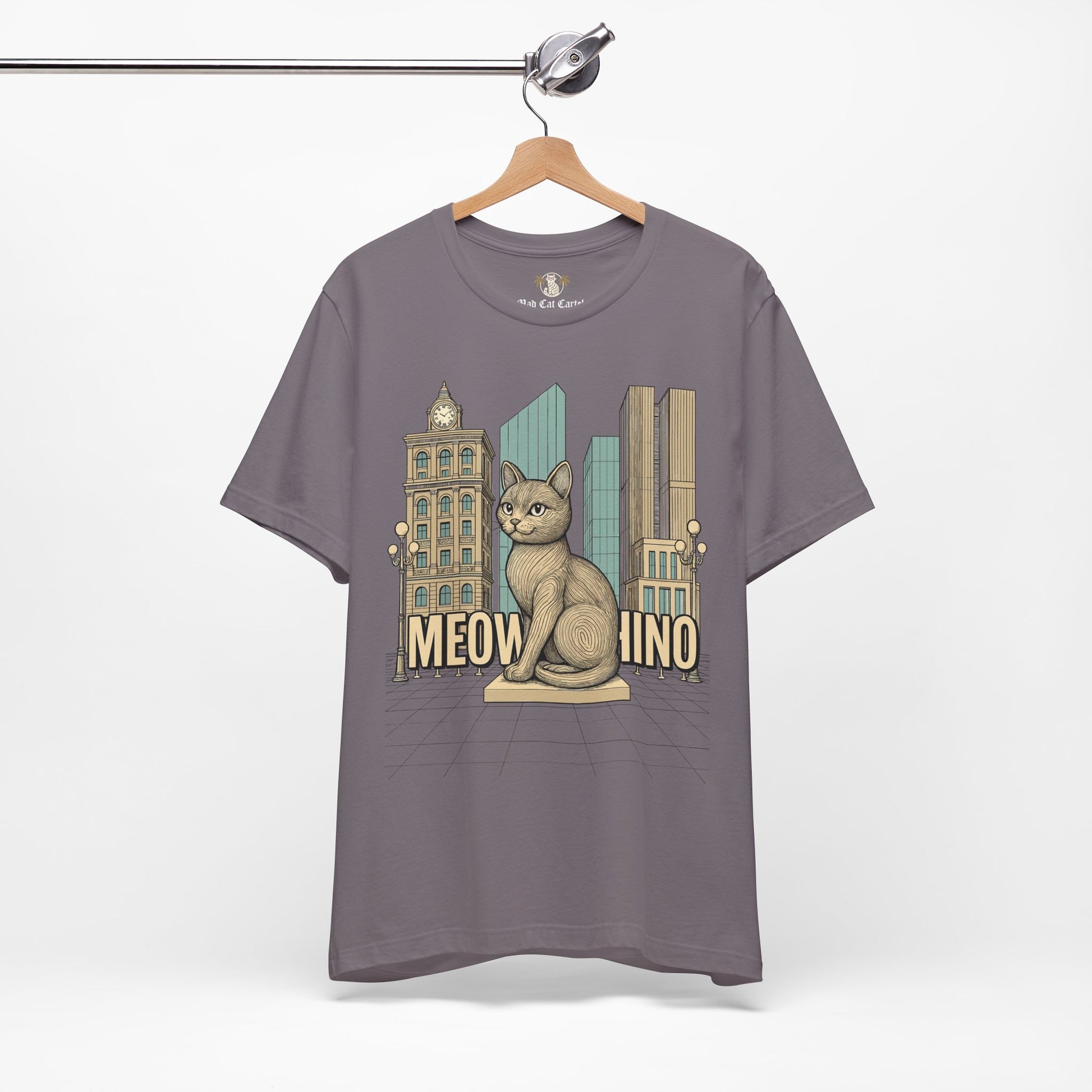 Mens cat shirts – storm grey unisex tee on hanger, front view, Meowschino city cat statue print