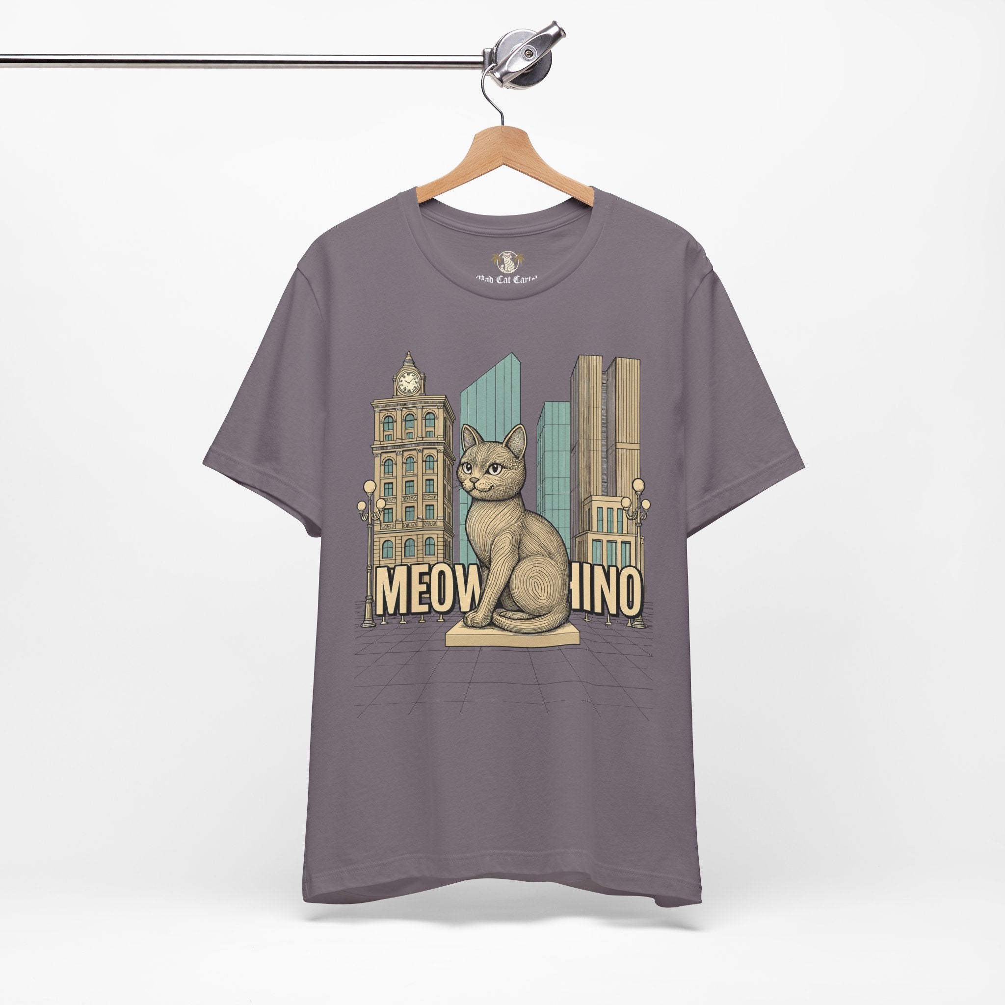Mens cat shirts – storm grey unisex tee on hanger, front view, Meowschino city cat statue print