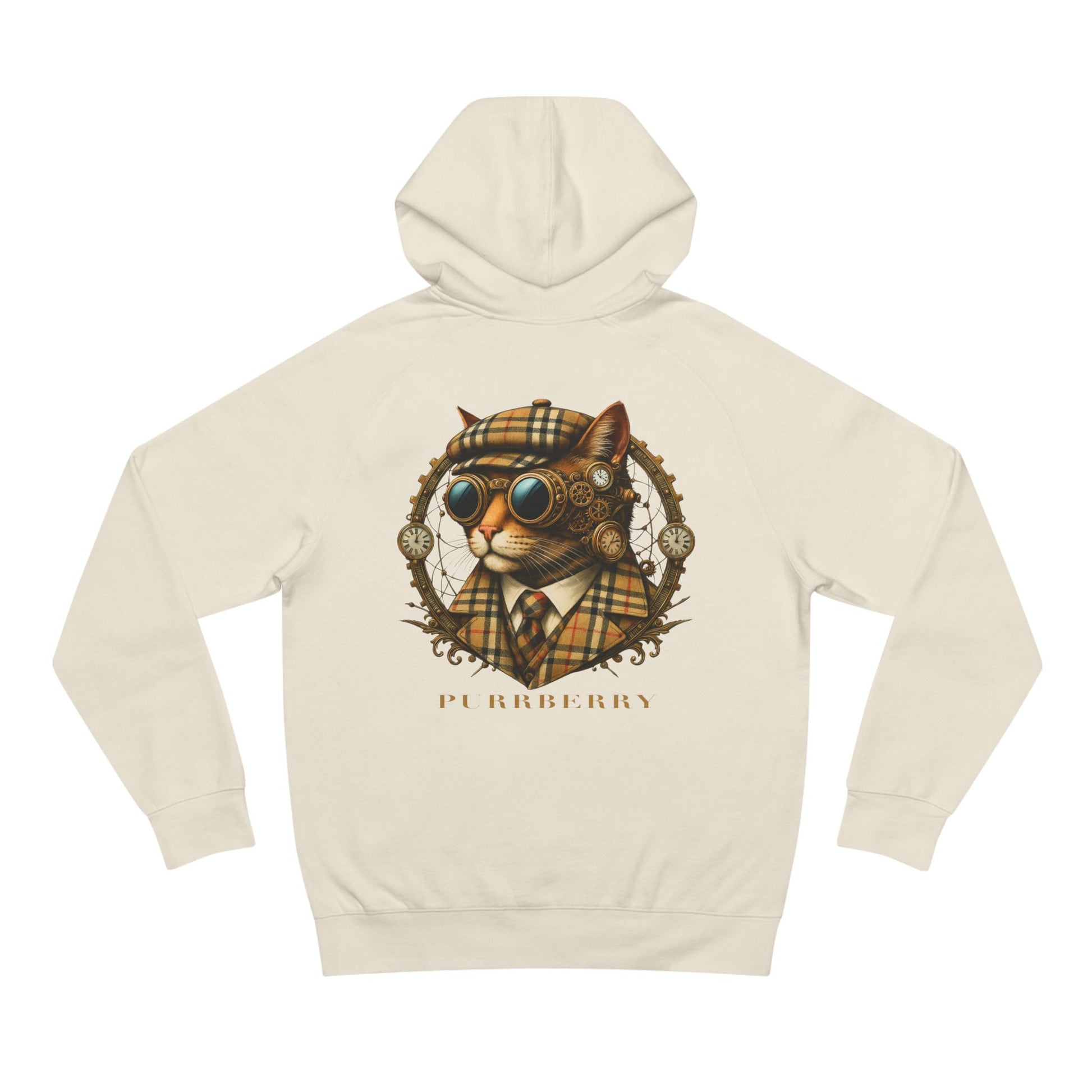 Back view of Purrberry ecru hoodie with steampunk cat design, hoodie for cat lovers
