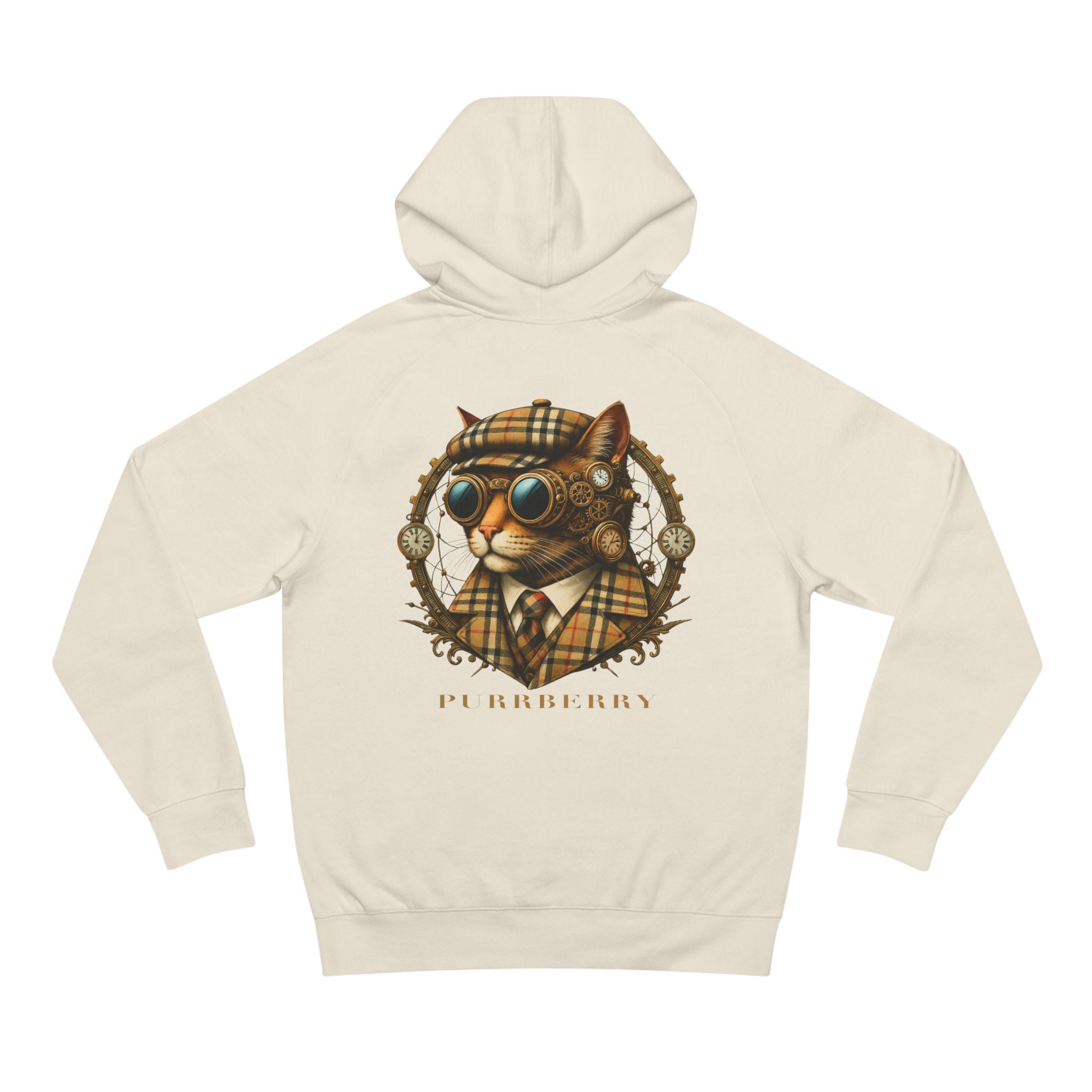 Back view of Purrberry ecru hoodie with steampunk cat design, hoodie for cat lovers