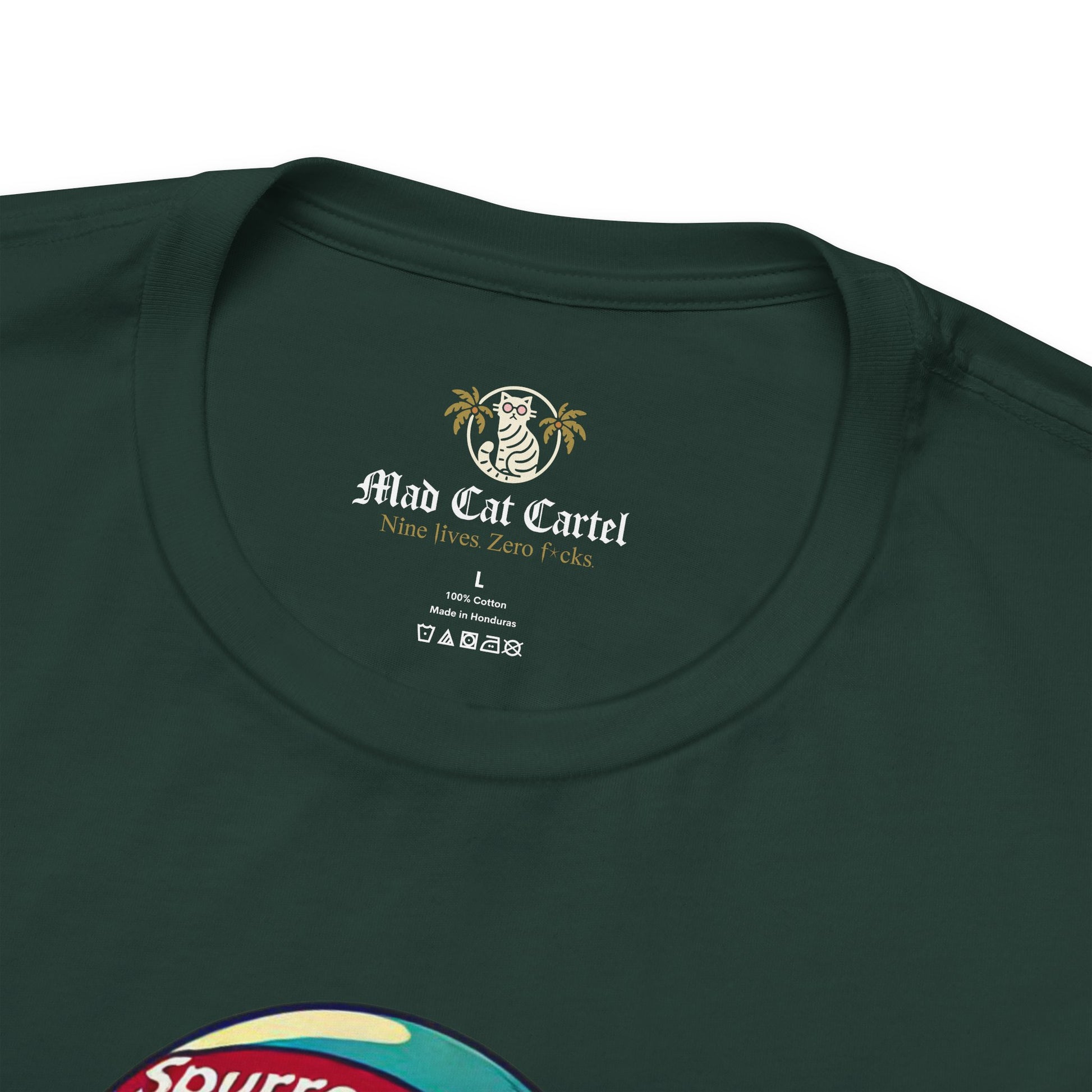 Forest green t shirt close-up collar tag, cat lover t shirts
