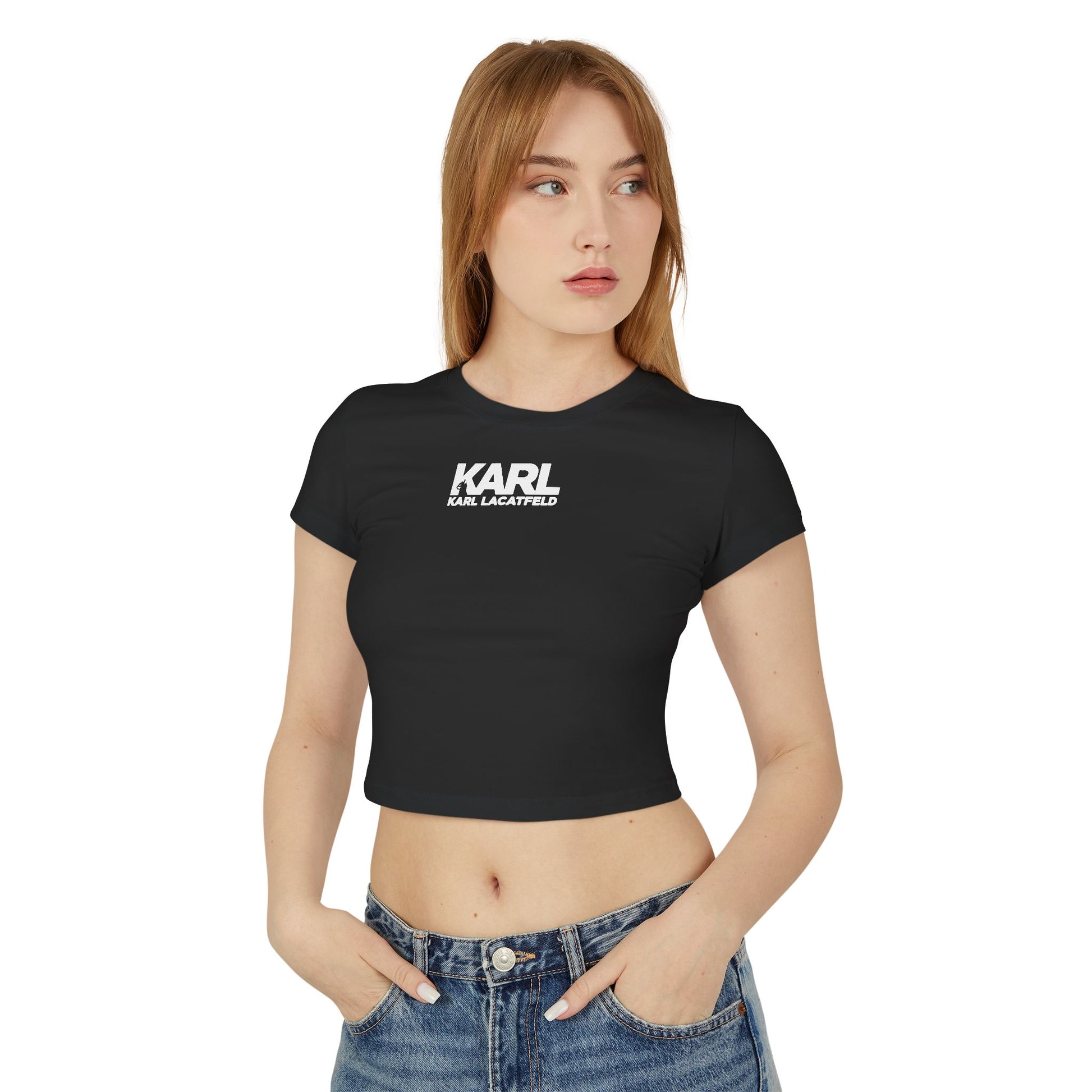 Side angle model wearing Karl Lacatfeld Noir Couture Black Baby Tee