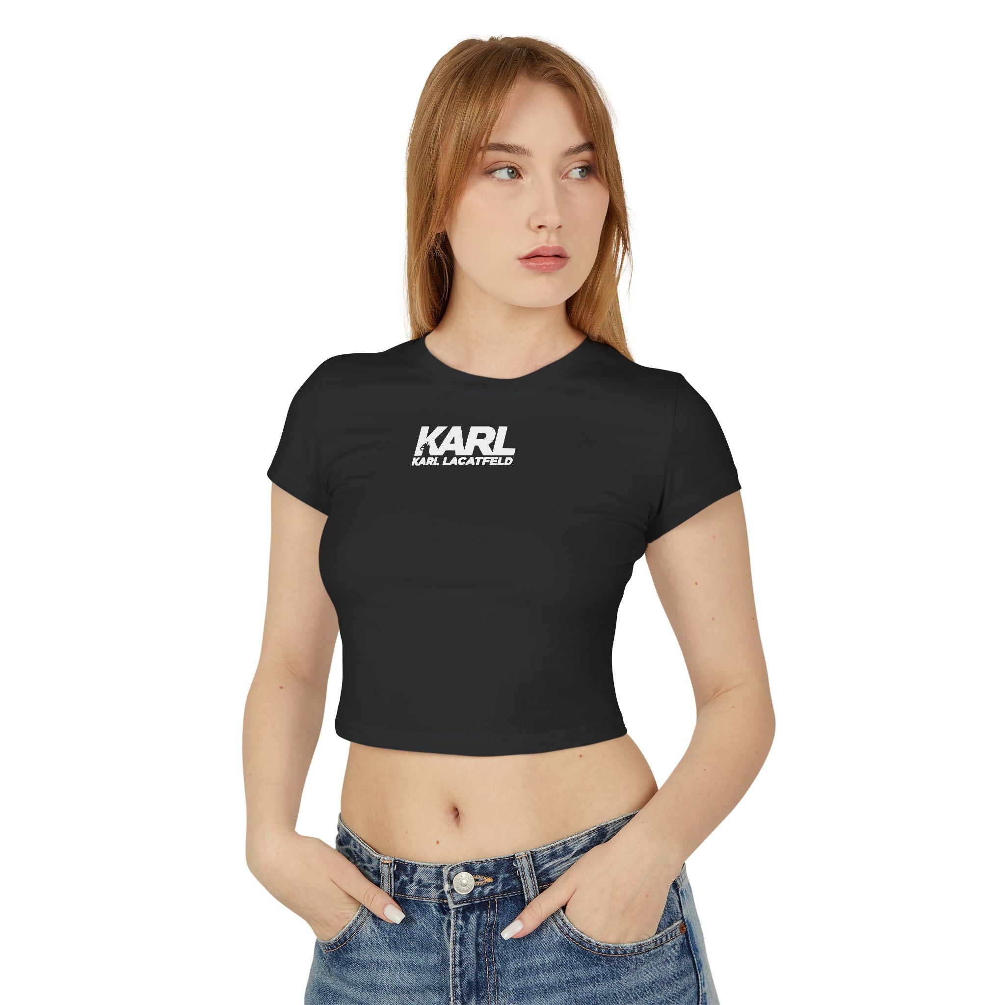 Side angle model wearing Karl Lacatfeld Noir Couture Black Baby Tee