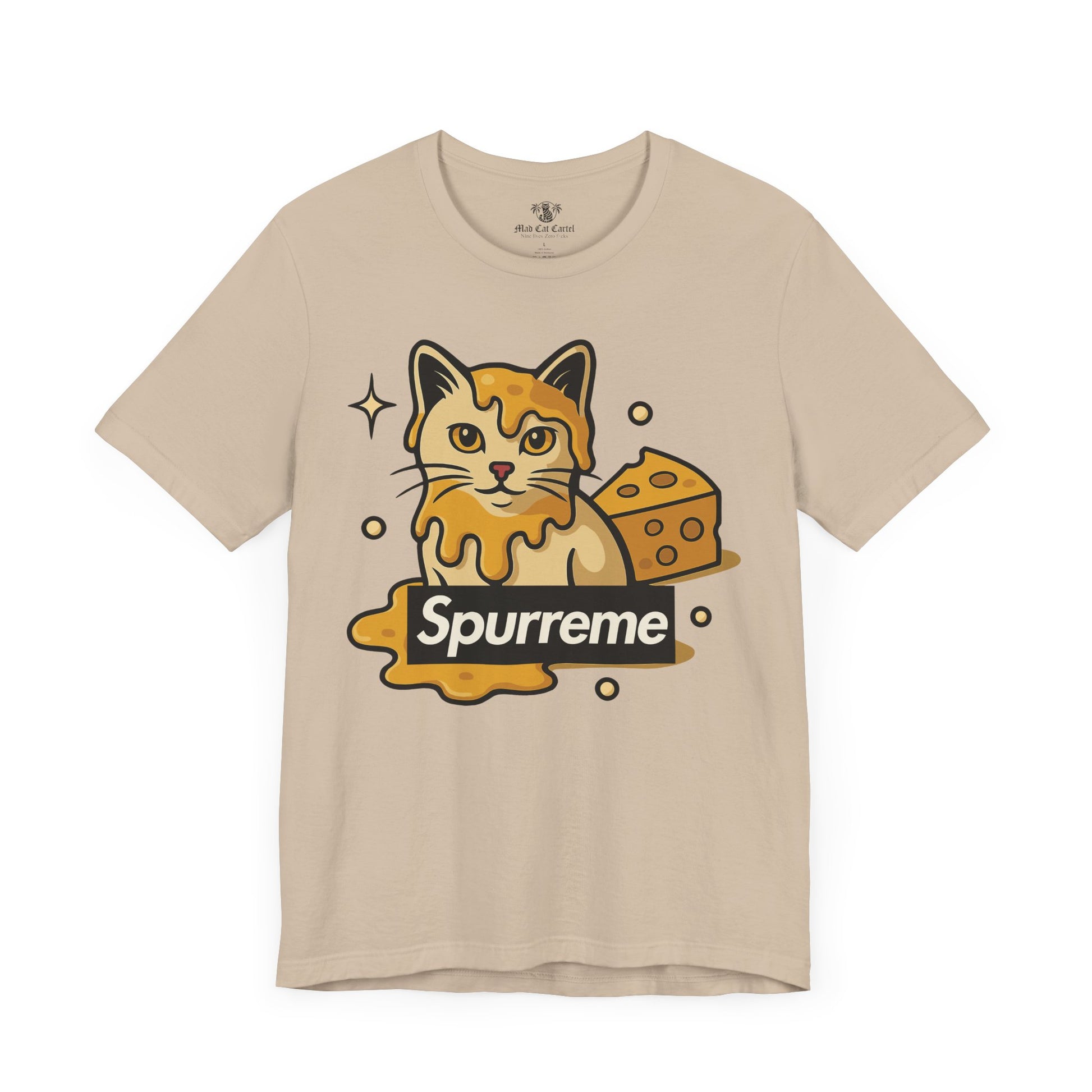 Tan t shirt front view Spurreme Cheddar Cat Drip Graphic