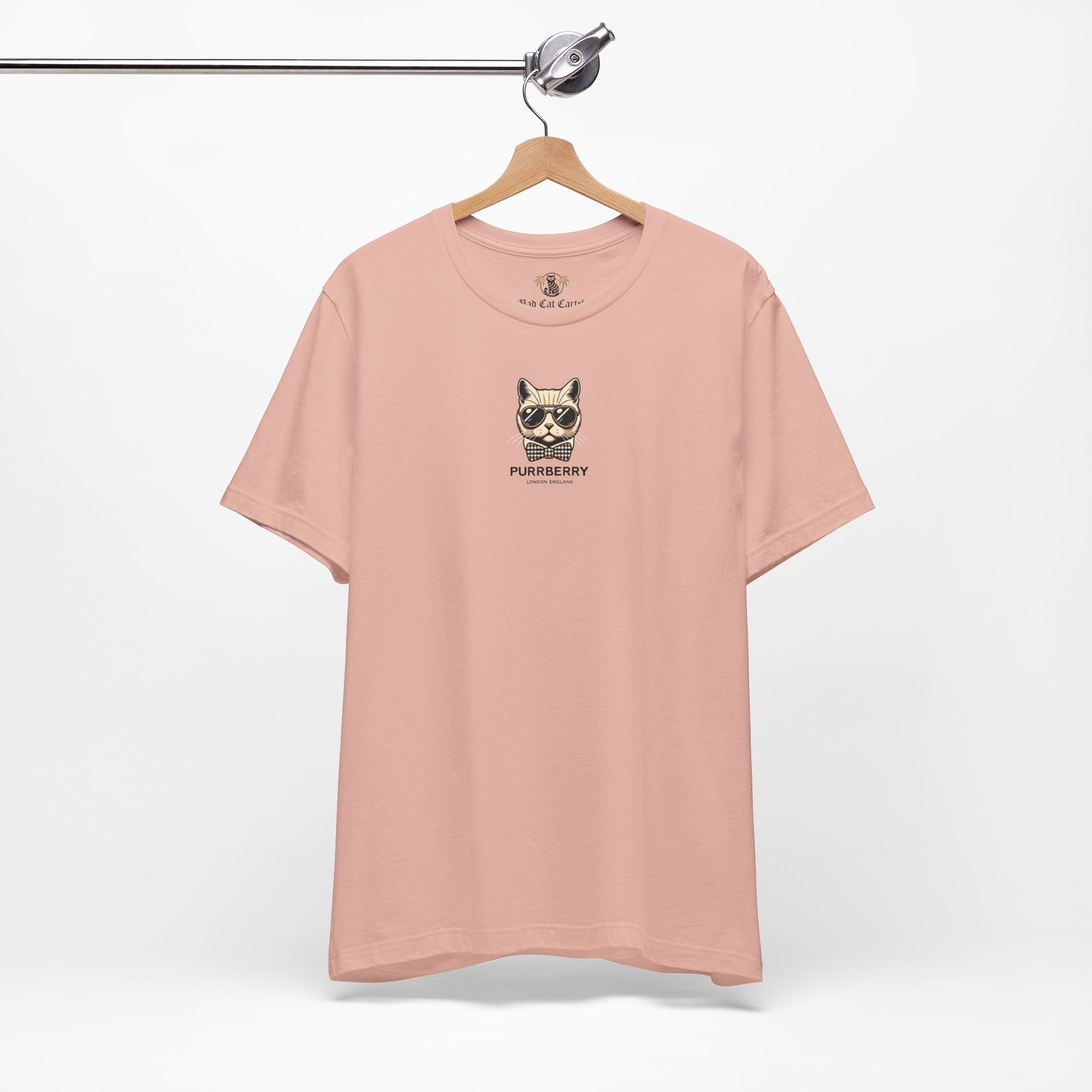 hanging purrberry london mini crest cat graphic t shirt peach unisex cat lover t shirts