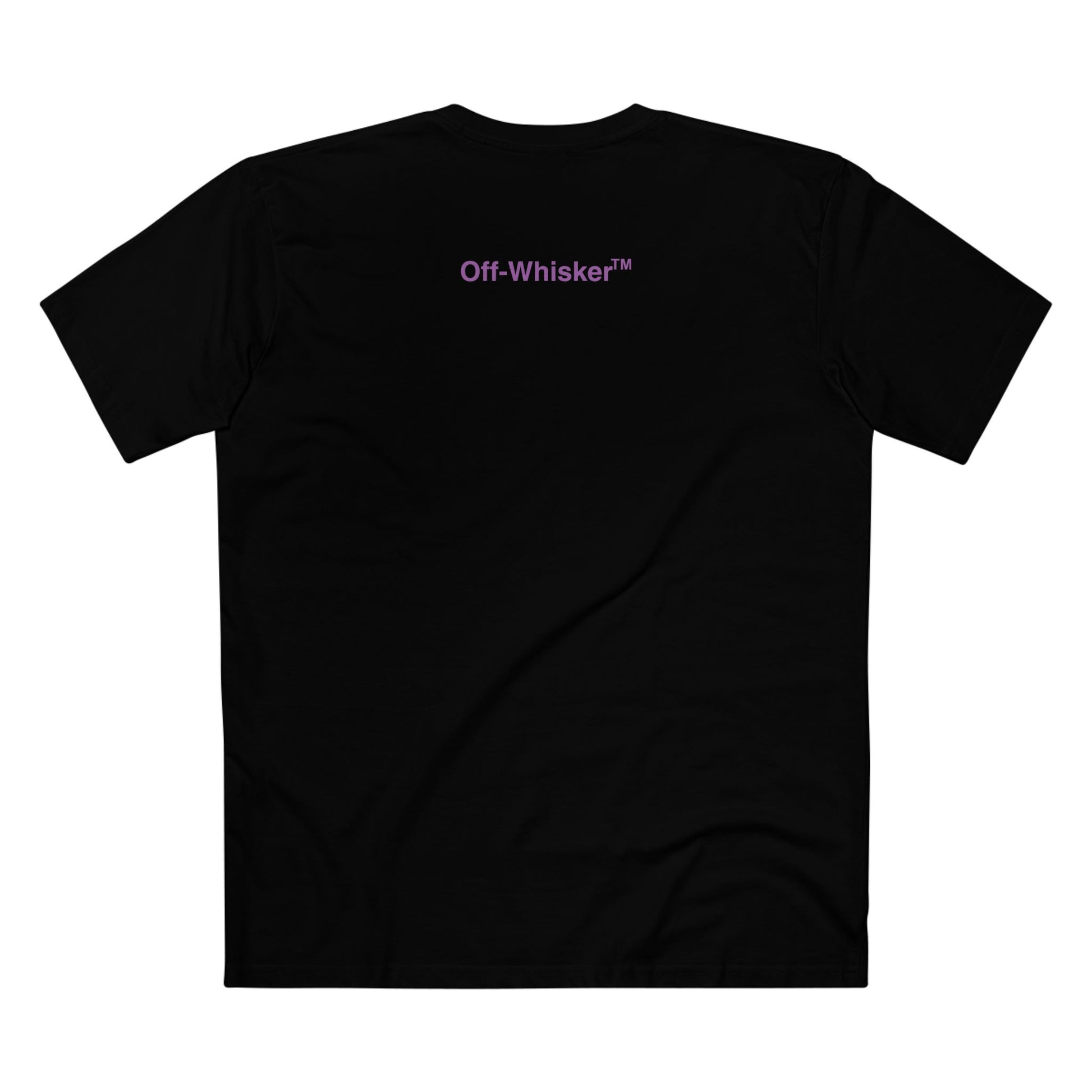 Back view of black Off-Whisker Purple Vision t shirt cat lover – cool cat shirt for casual wear