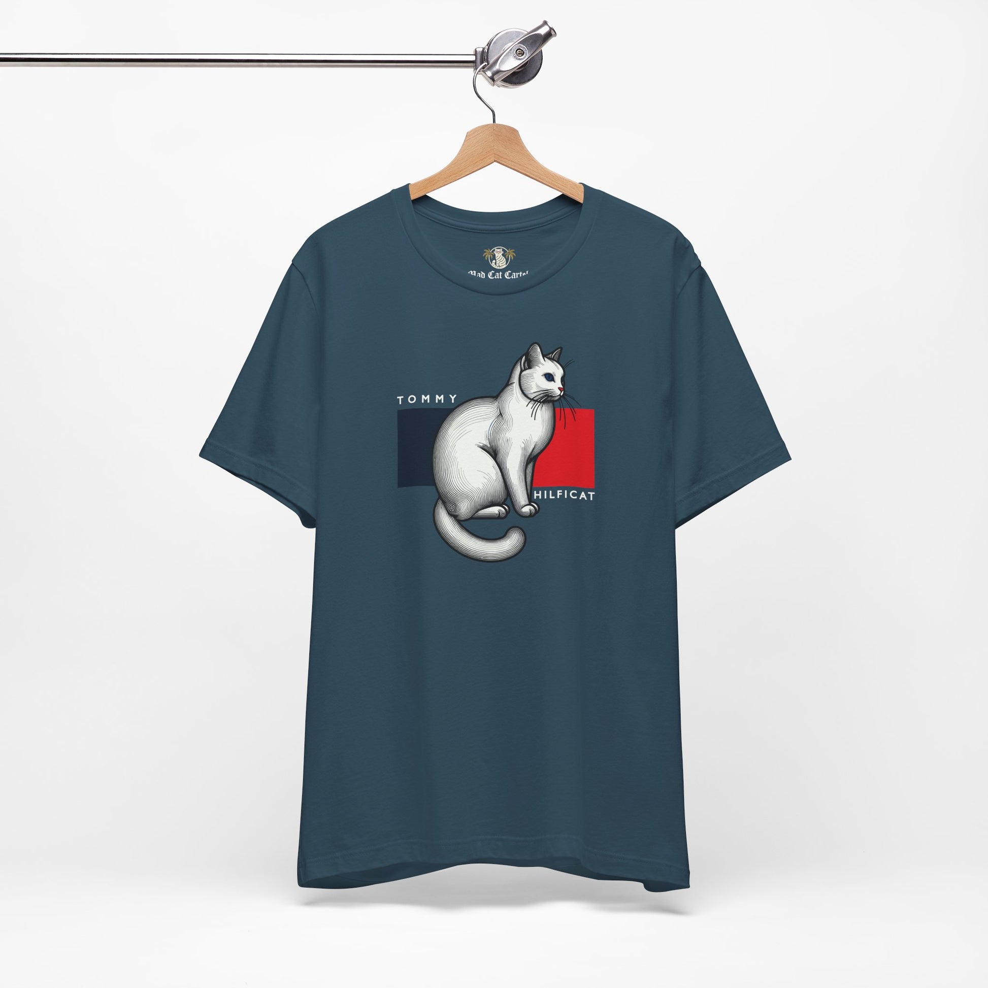 Deep Teal Tommy Hilficat Classic Flag Cat Graphic T-Shirt – cat tee shirts flat lay hanger