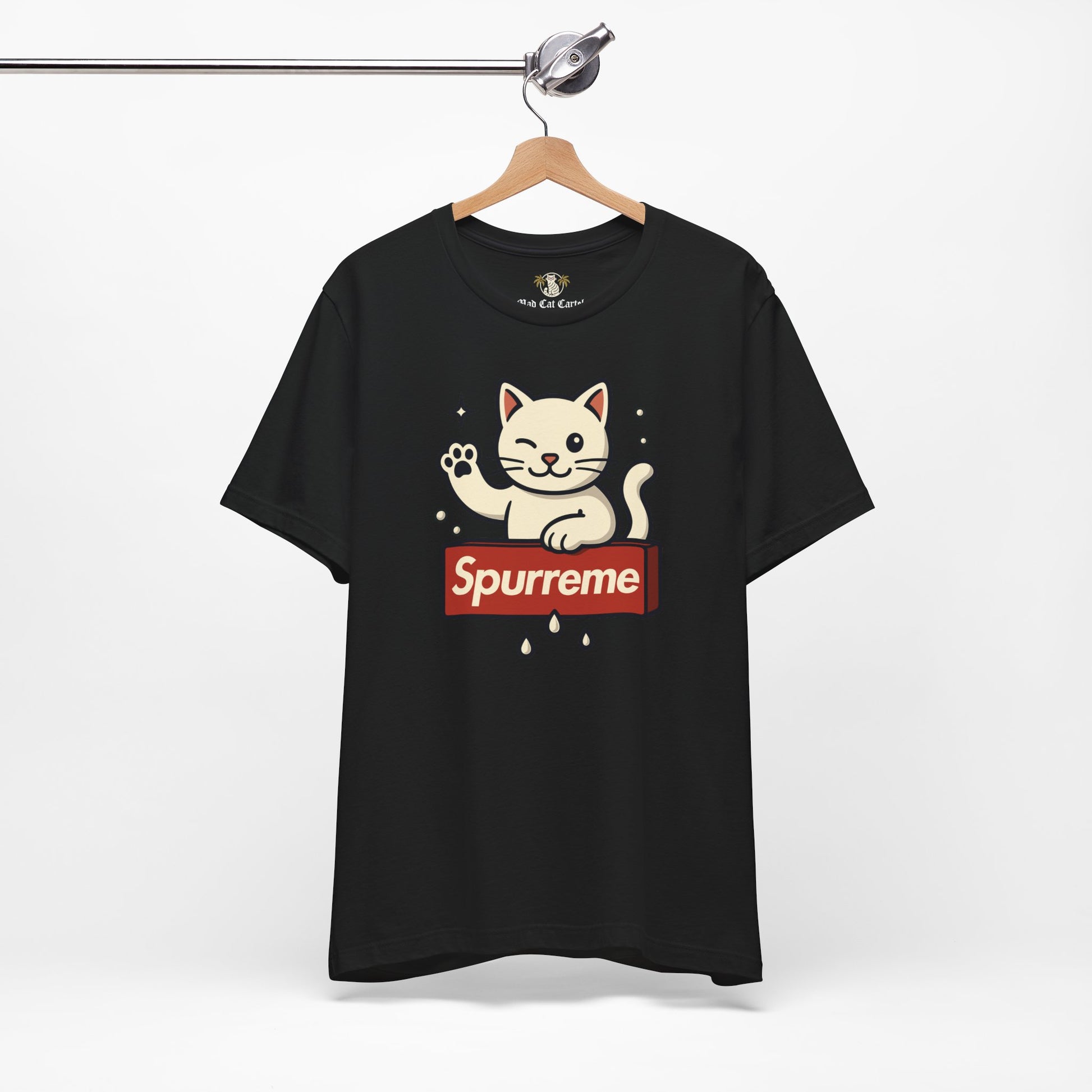 Black t shirt hanging on wooden hanger ladies cat t shirt