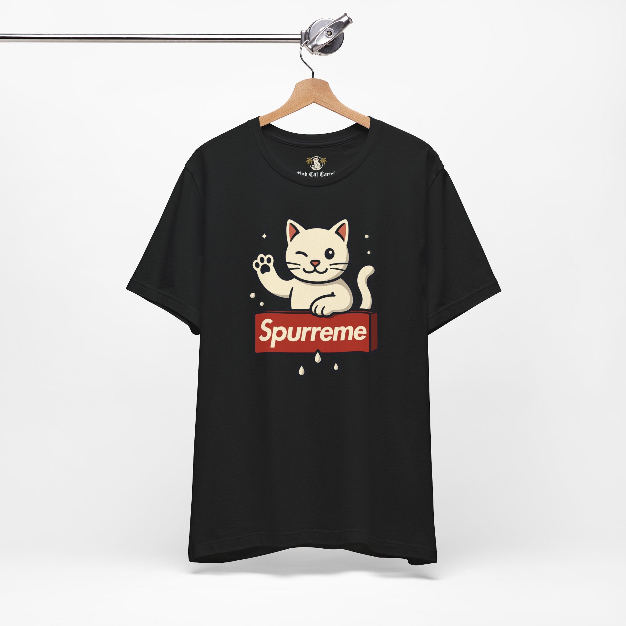 Black t shirt hanging on wooden hanger ladies cat t shirt
