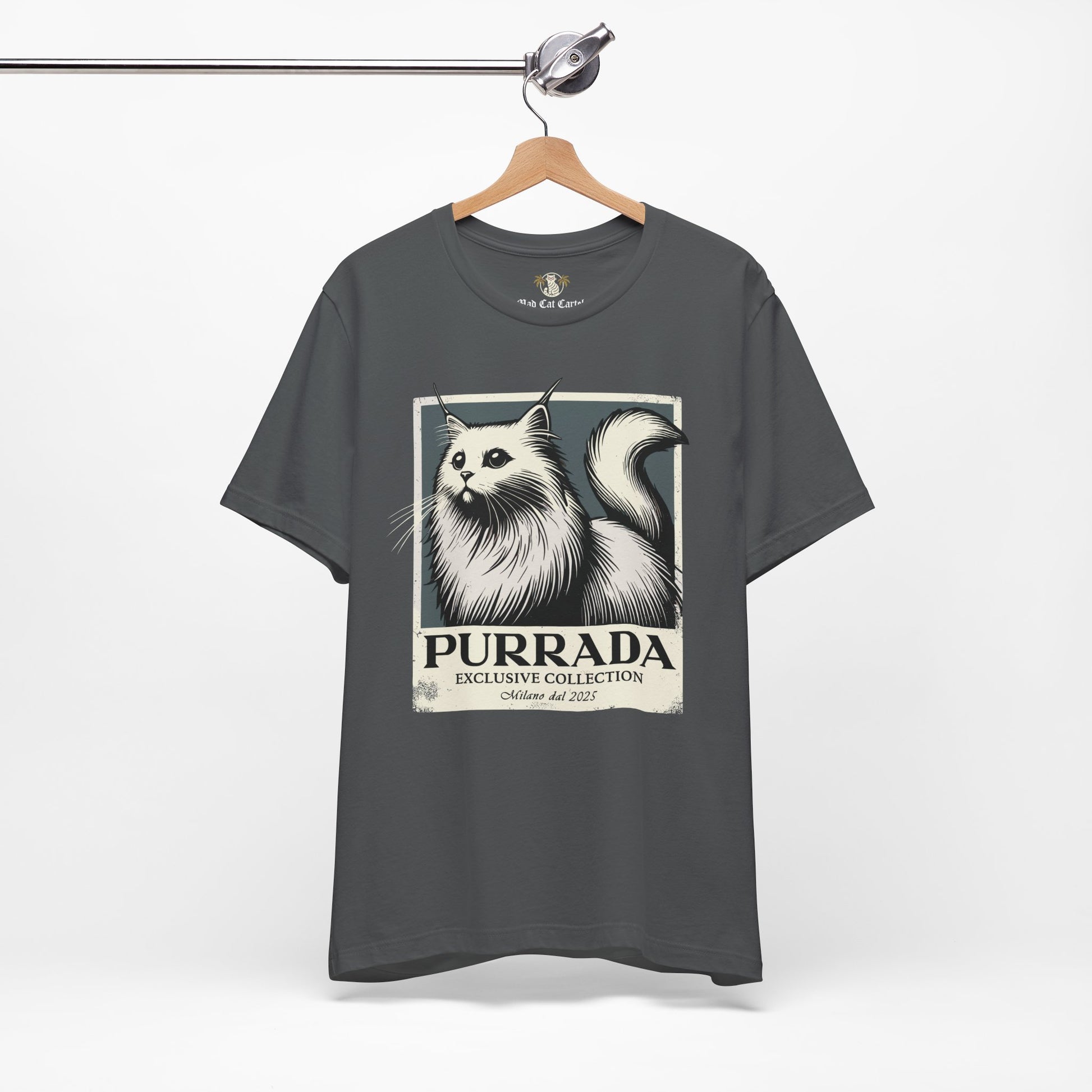 Asphalt Purrada Exclusive Milano Cat Graphic T Shirt on hanger, graphic tees cats unisex