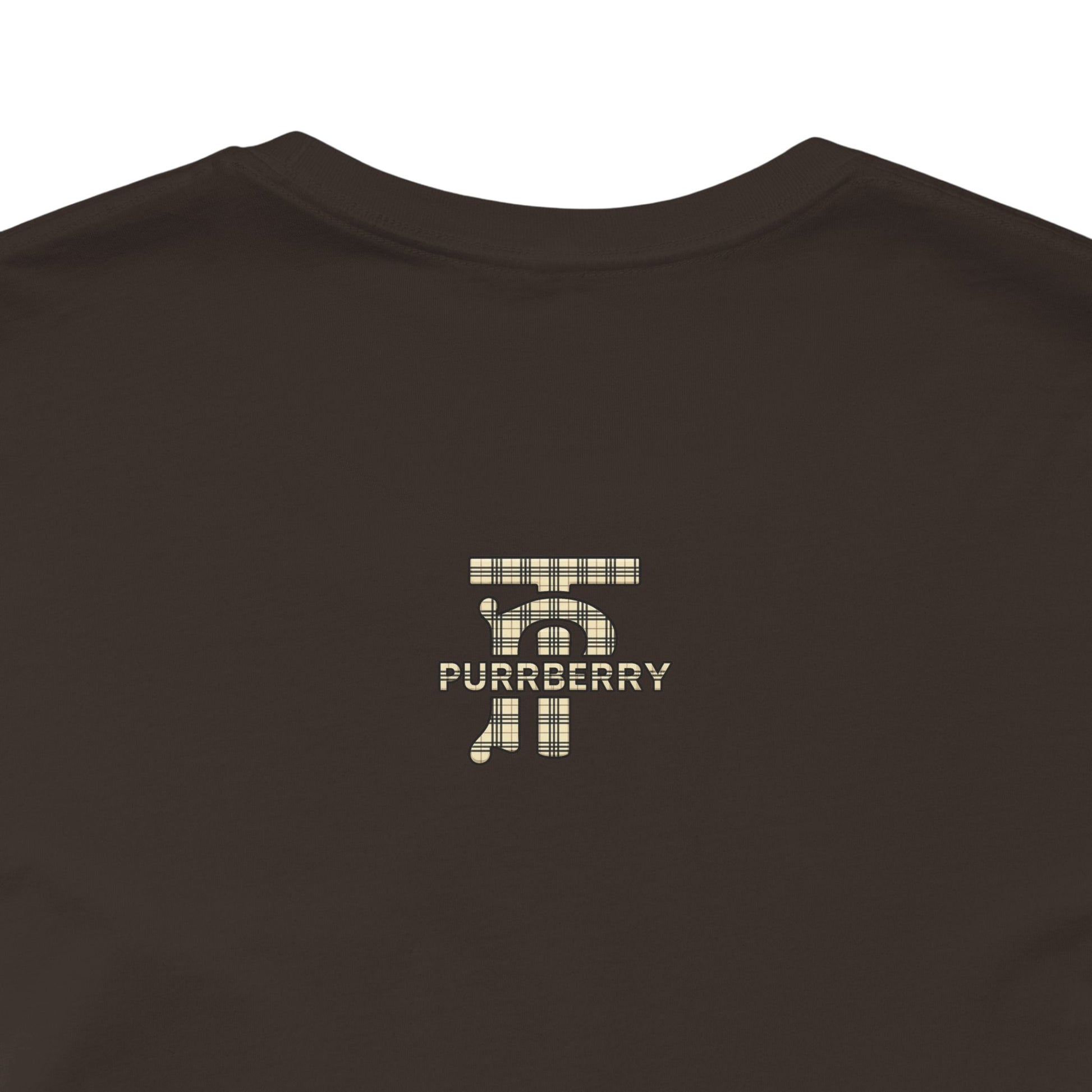 purrberry london mini crest cat graphic t shirt brown unisex cat lover t shirts closeup