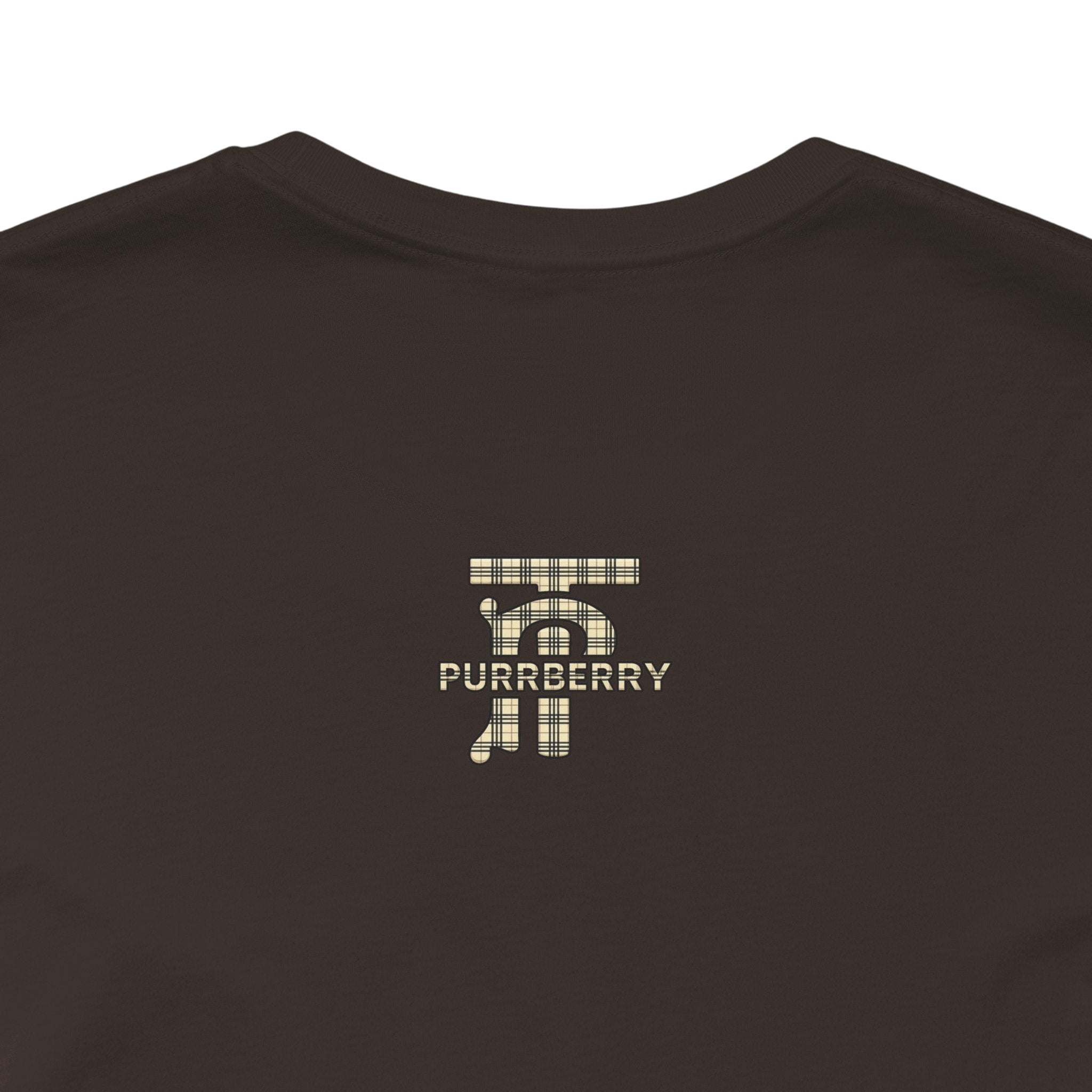 purrberry london mini crest cat graphic t shirt brown unisex cat lover t shirts closeup