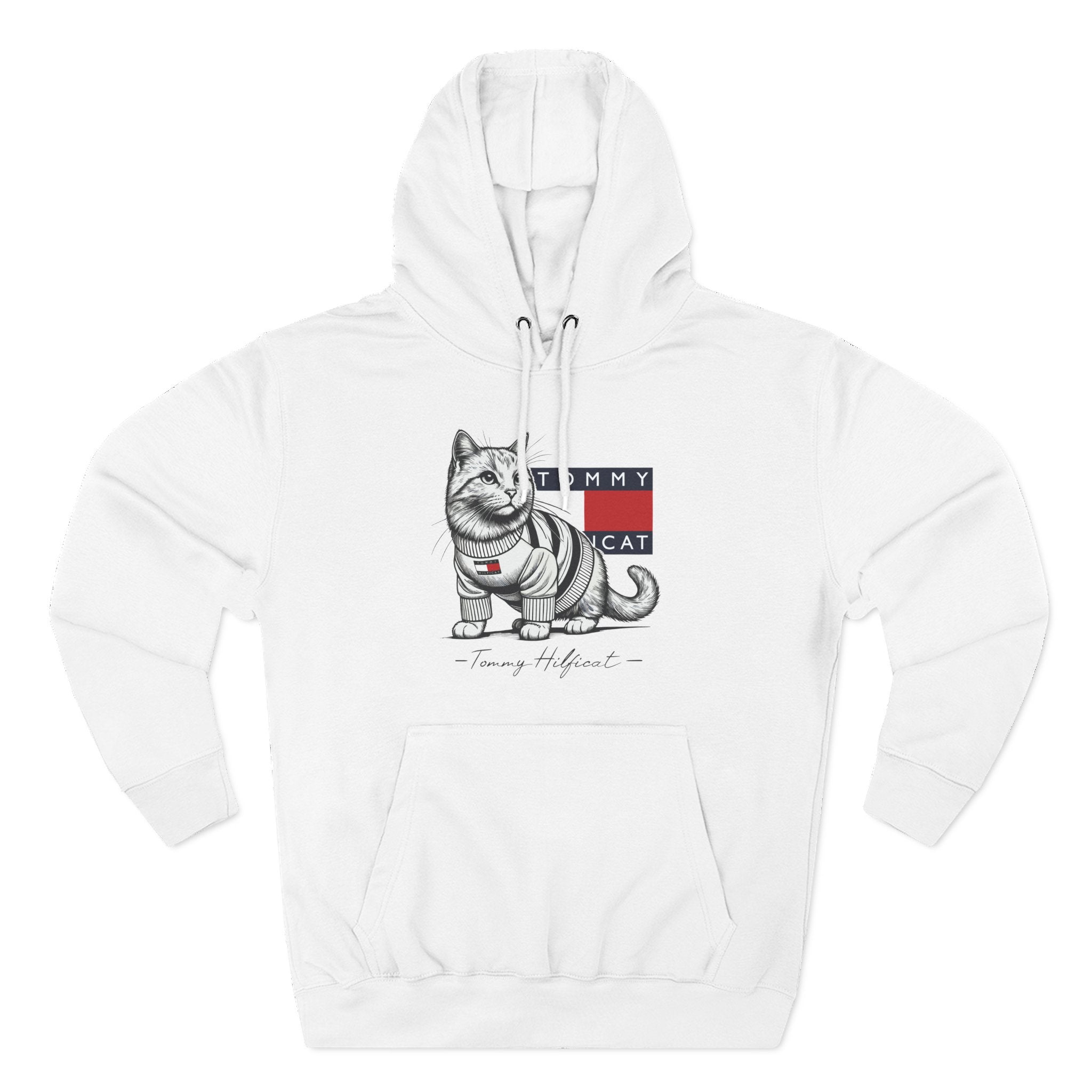 Tommy Hilficat Signature Purr Style Cat Graphic Hoodie in White color stylish parody hoodie for cat lovers