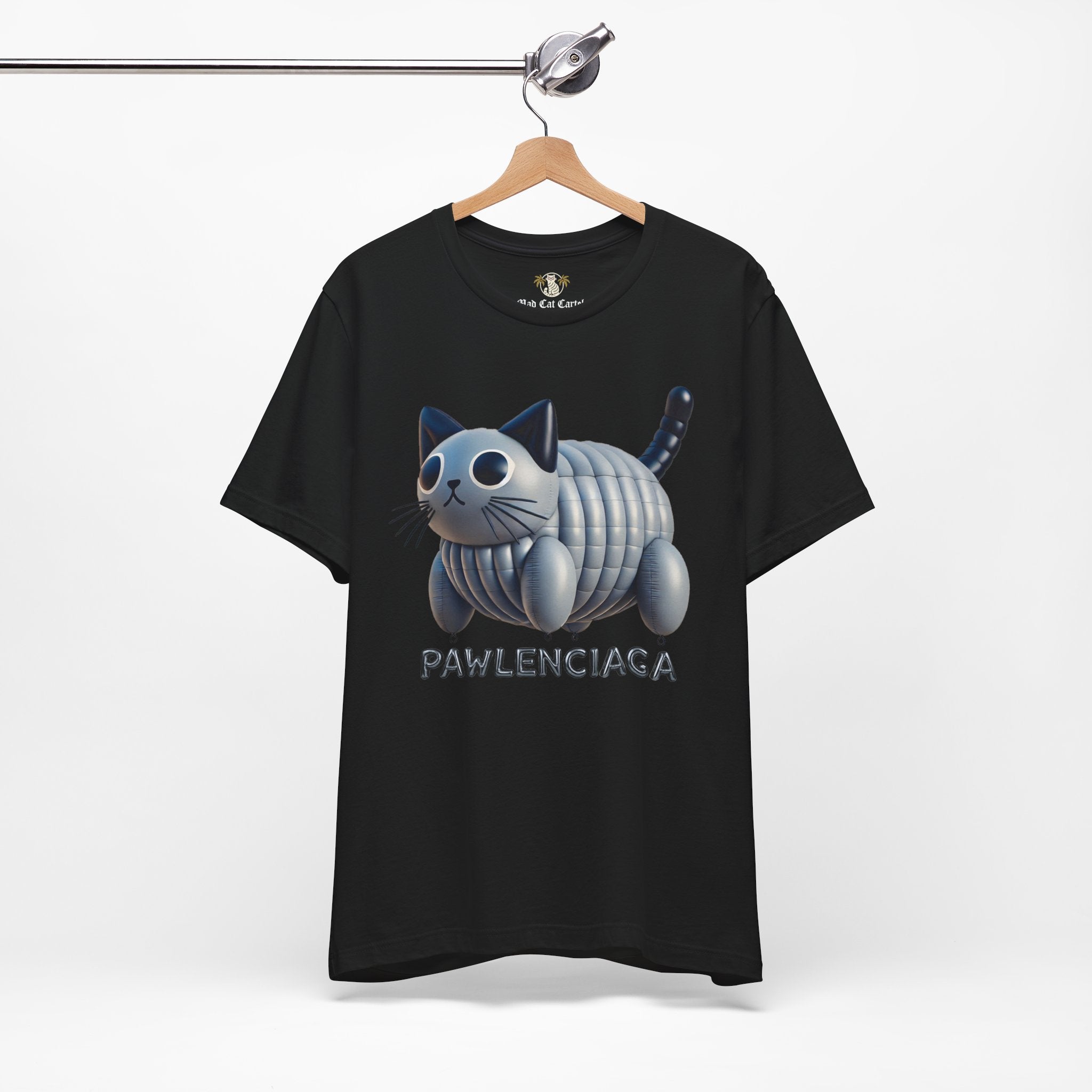 Black Pawlenciaga Cat Balloon Graphic T Shirt on hanger funny cat shirts for women