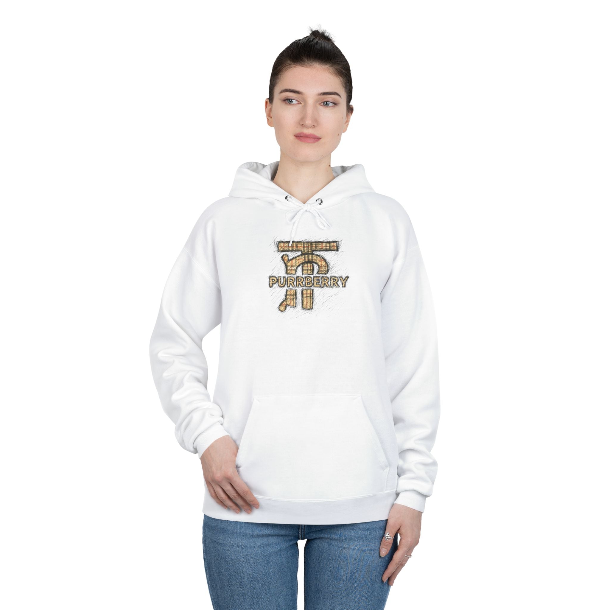 Woman modeling Purrberry white hoodie with chest logo, hoodie for cat lovers