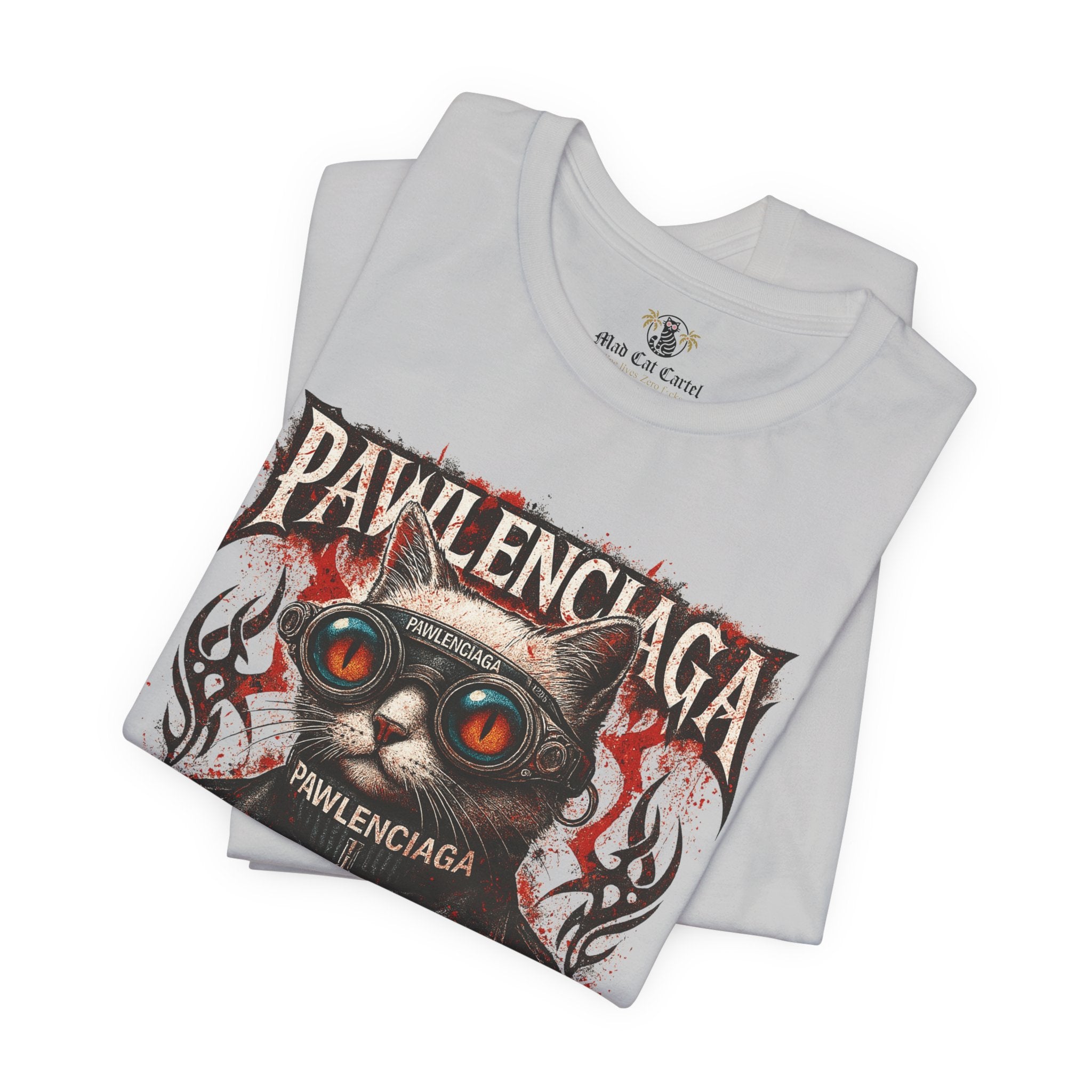 Pawlenciaga Apocalypse Cat Graphic T Shirt in Solid Athletic Grey, folded front view, cat themed shirts, cool mens t shirts, shirts for cat lovers