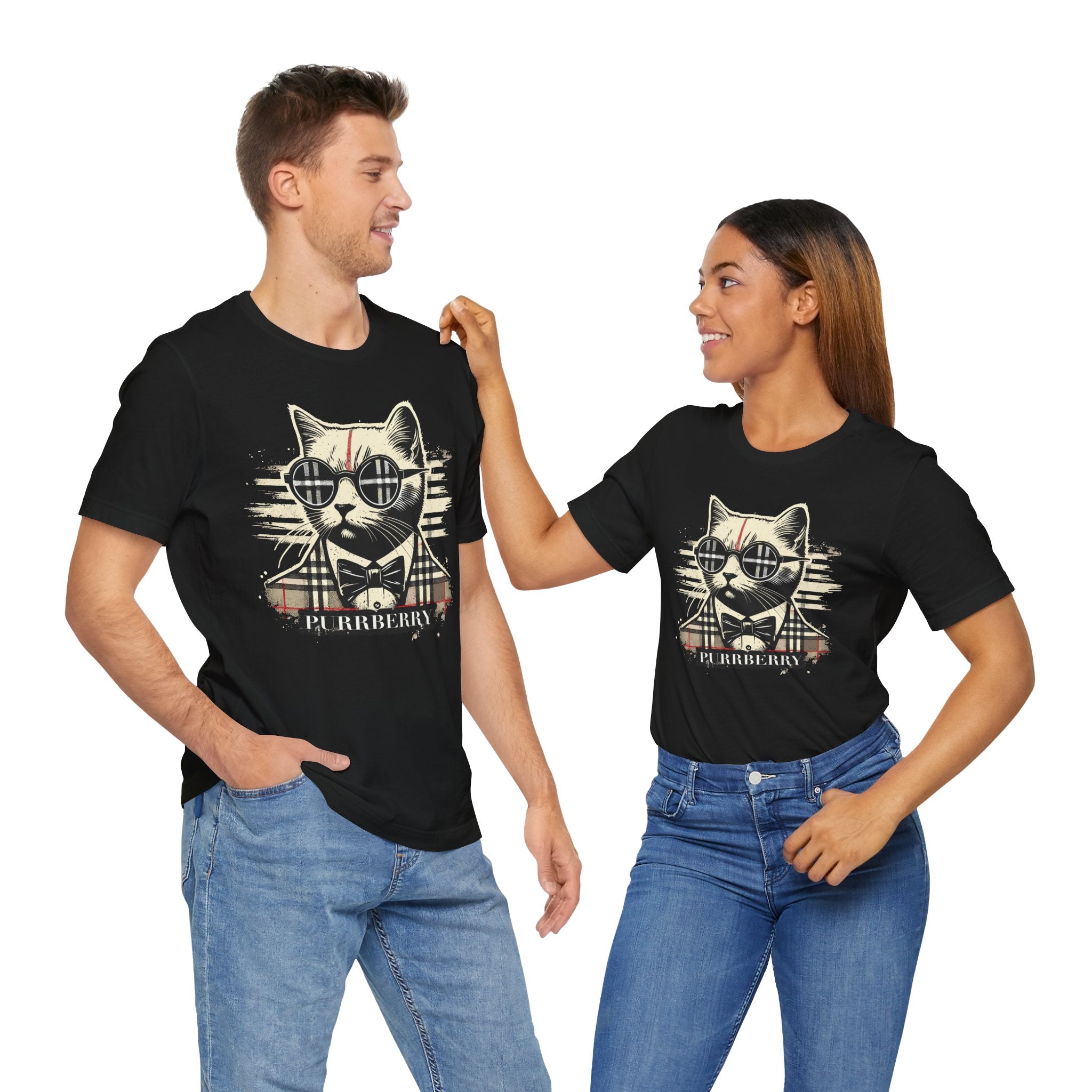 man and woman wearing purrberry the plaid cat back logo black t shirt cat themed clothing