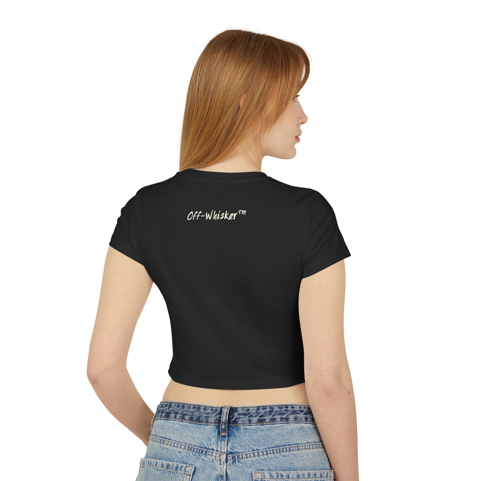 Black cat themed baby tee, model back view with Off-Whisker logo