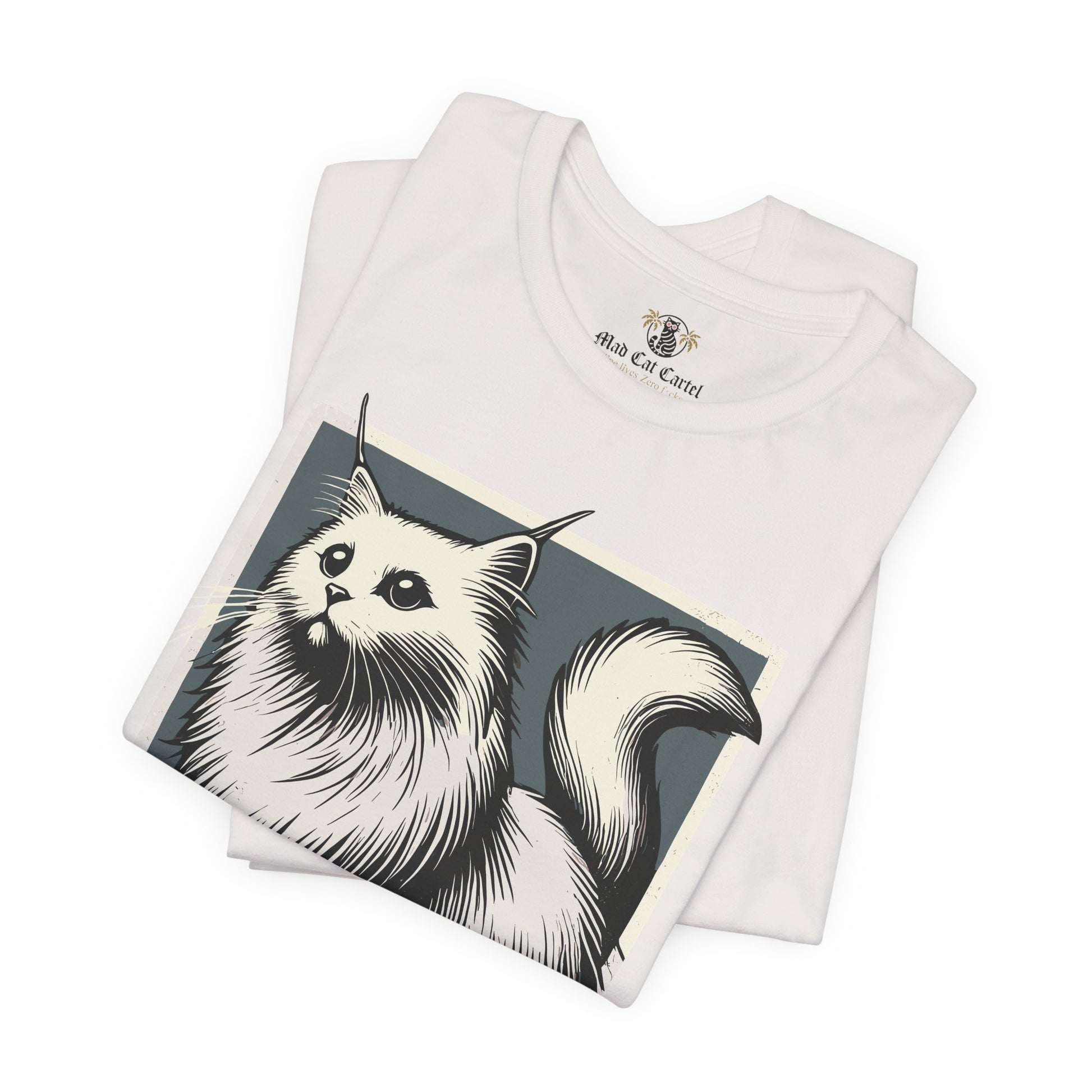 Folded vintage white Purrada Exclusive Milano Cat Graphic T Shirt, cat graphic shirt