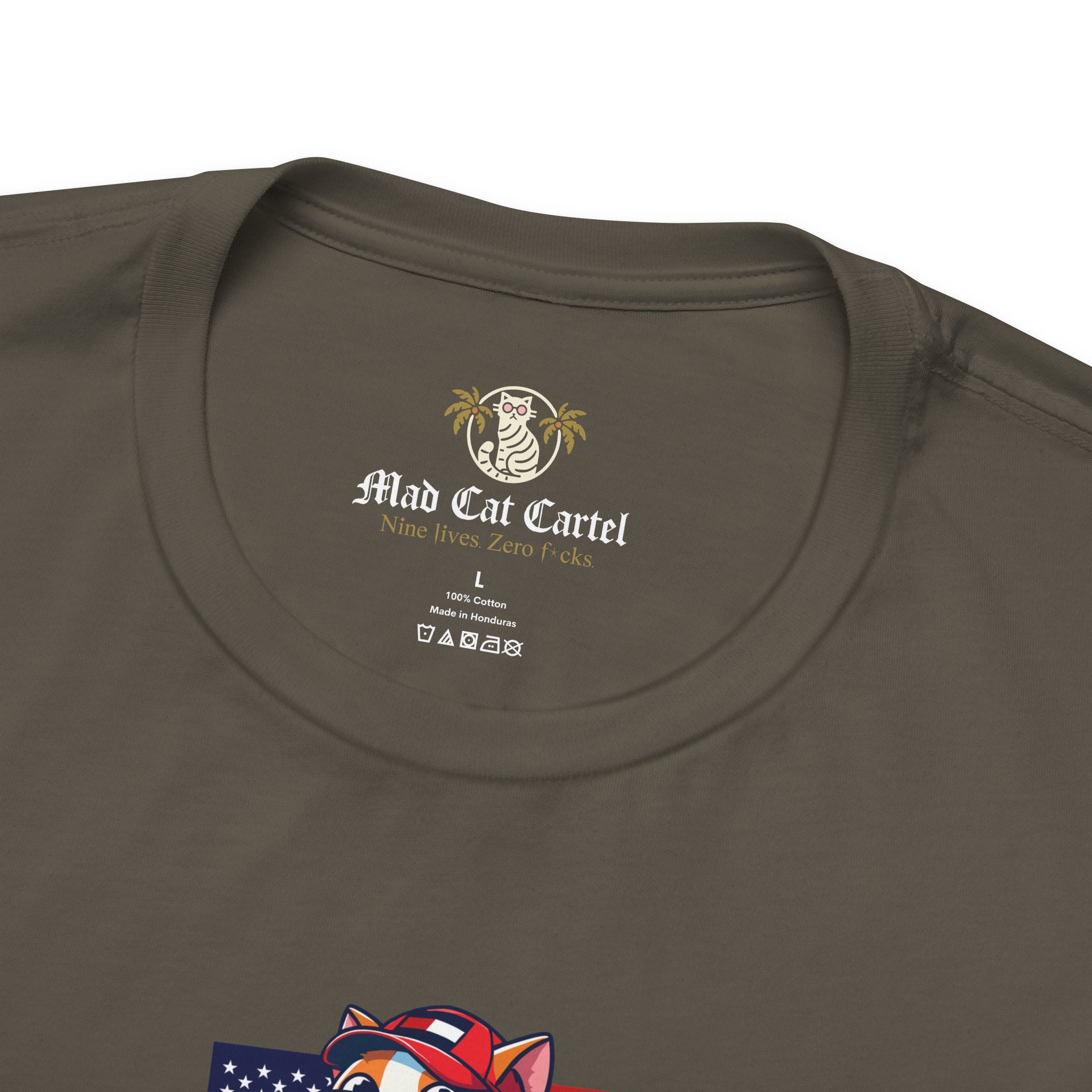 collar detail Army Green Tommy Hilficat Cat Graphic T Shirt, cat lover t shirts