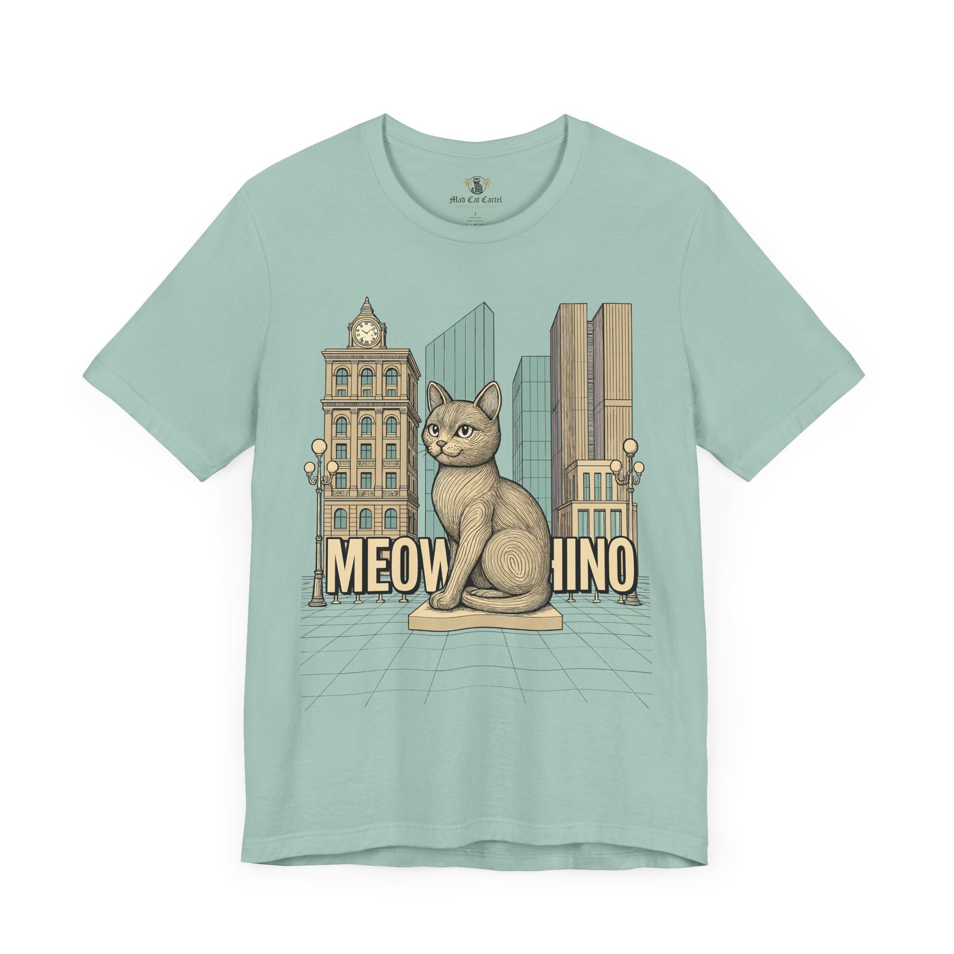 Gifts for cat lovers – dusty blue unisex tee on hanger, front view, Meowschino city cat statue graphic