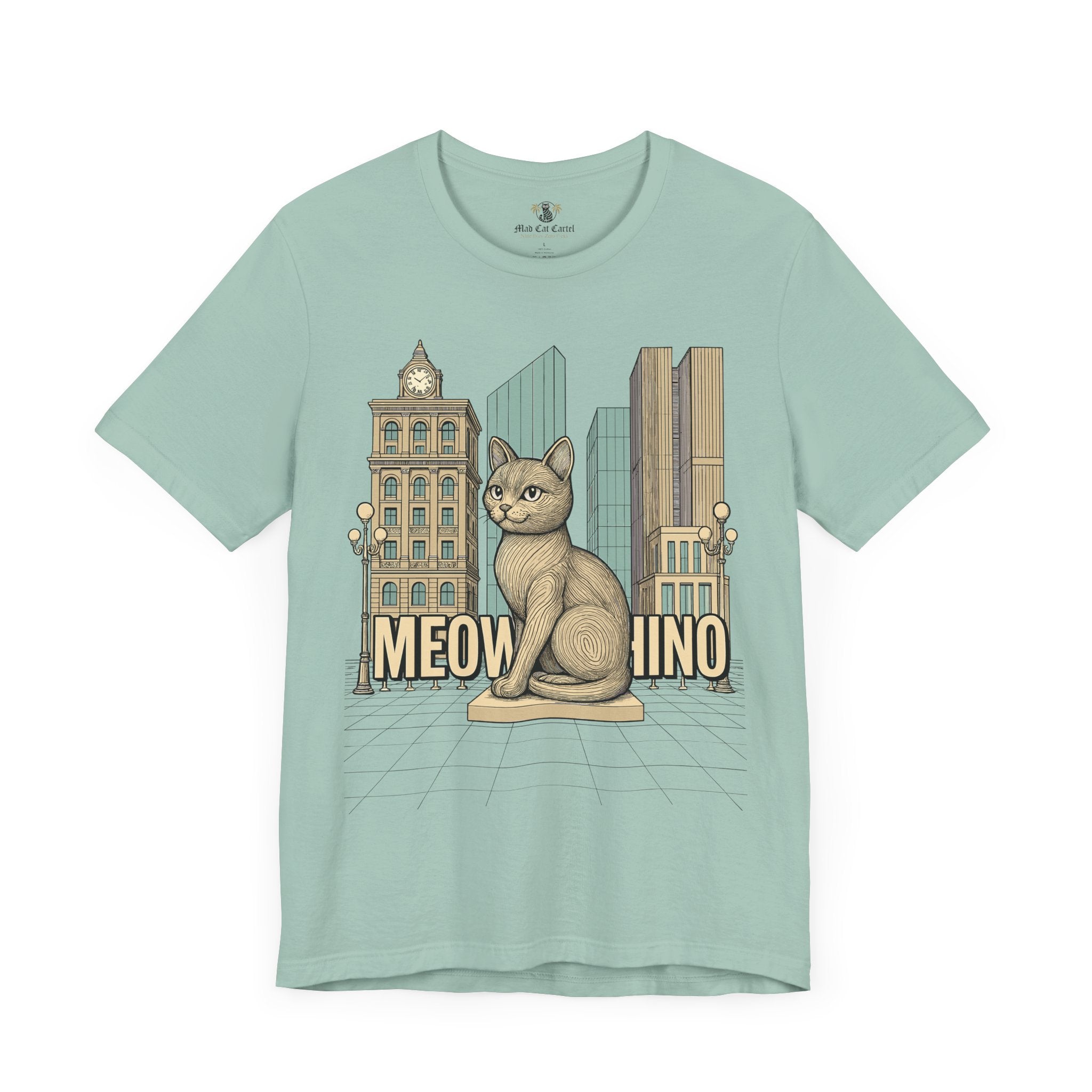 Gifts for cat lovers – dusty blue unisex tee on hanger, front view, Meowschino city cat statue graphic