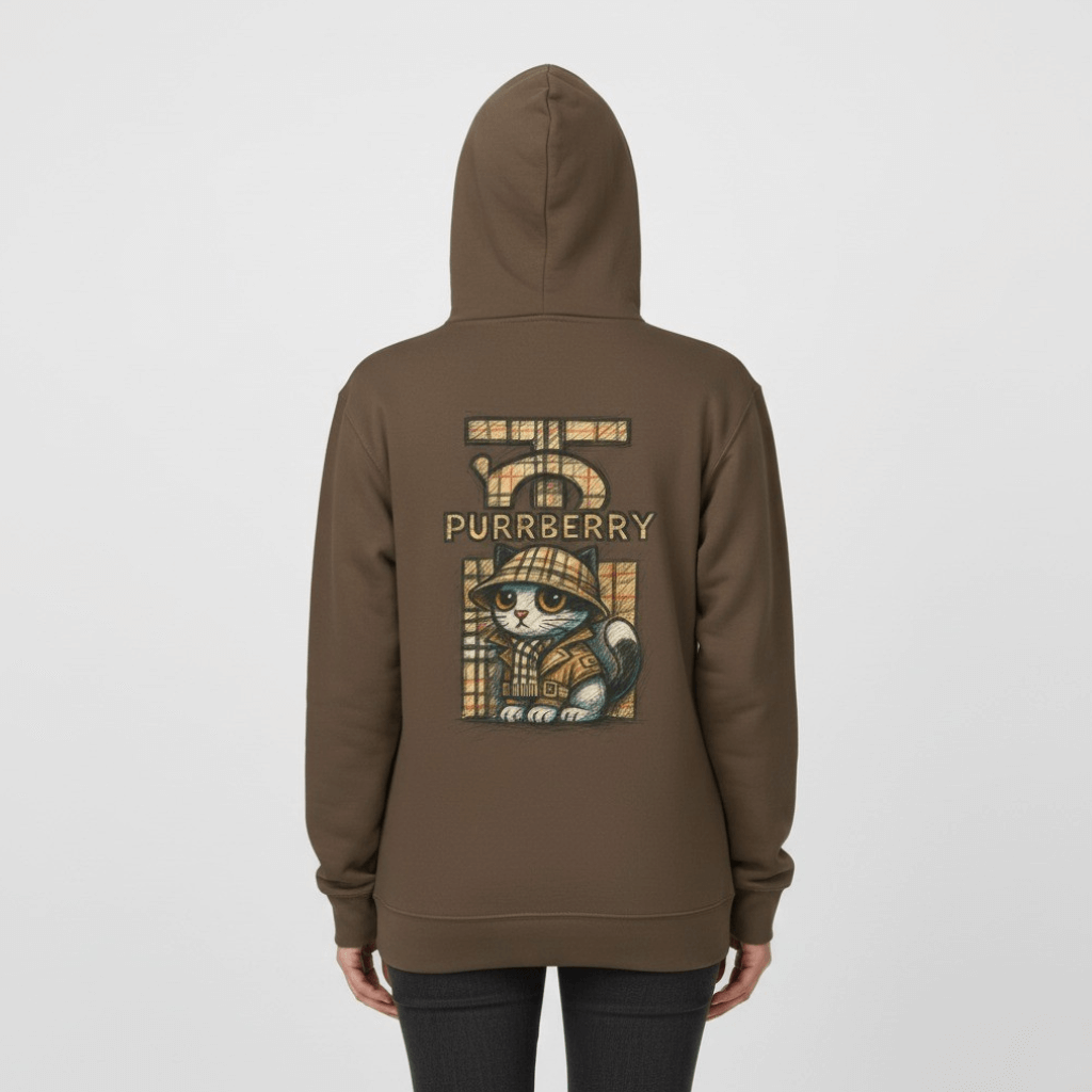 Woman modeling pale brown Purrberry hoodie with back cat print, cat themed apparel