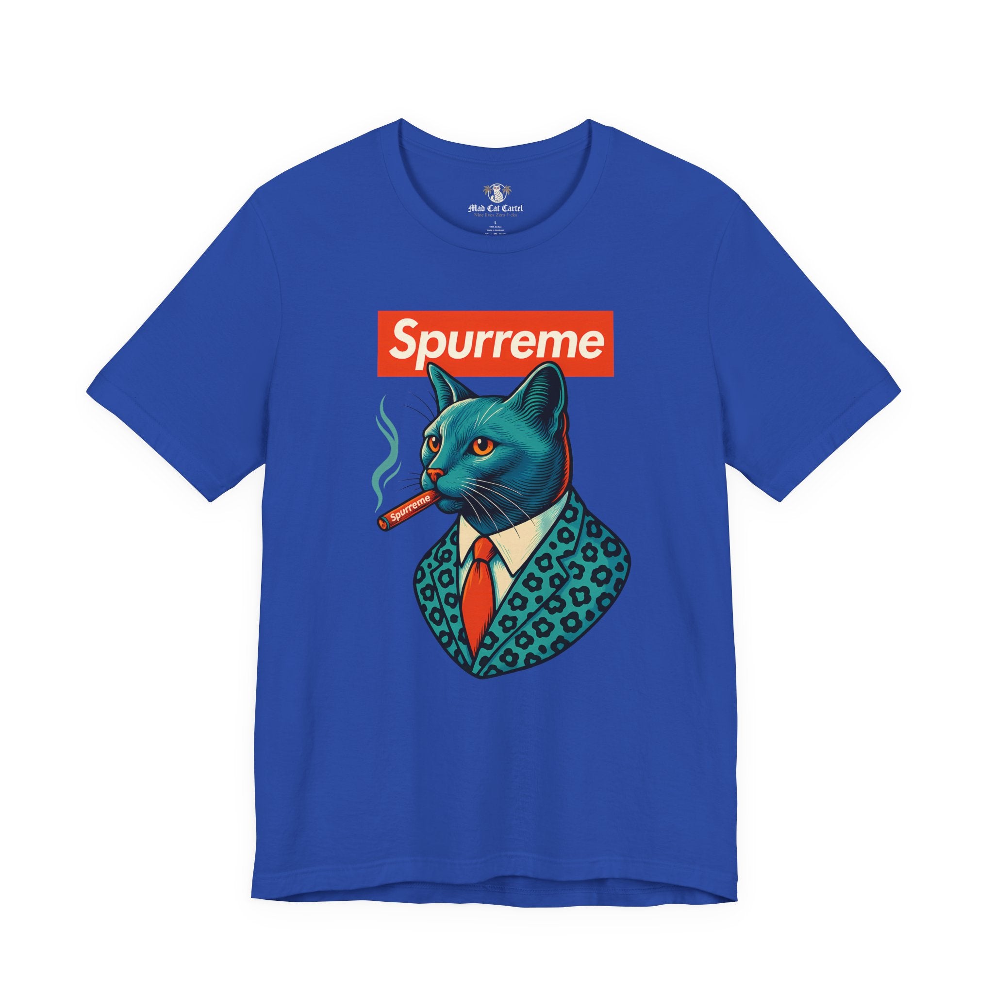 Blue Spurreme Ambassador Cat Graphic t shirt flat front